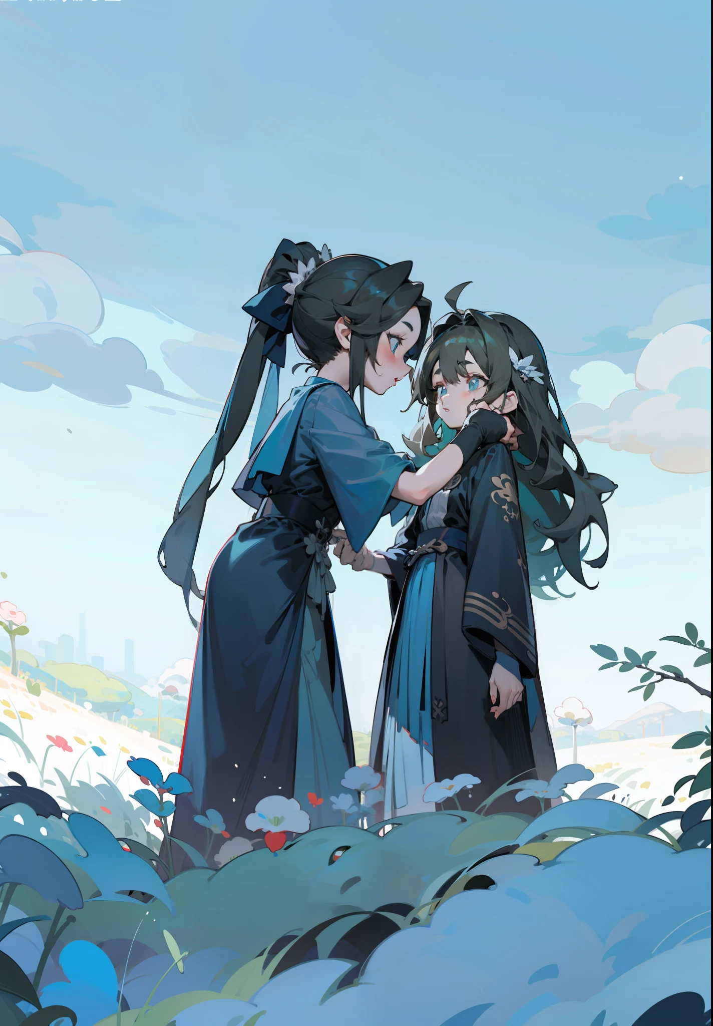 Soft brunette hair,黑The eye,Game illustration,Lovely 2D image;Cold perfect face and soft skin;on a grassy field,detail-rich,splash image,8K分辨率,Perfect masterpiece;Art station digital painting smooth:A masterpiece with realistic 8K resolution;intricately details;Natural and three-dimensional lighting;复杂、fairytale-like,sprawling、fantasy。"