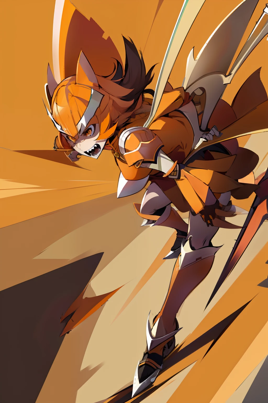 orange shark woman, orange, sharp teeth, halberd wielding, battle pose, full body, knight armor, tan skin