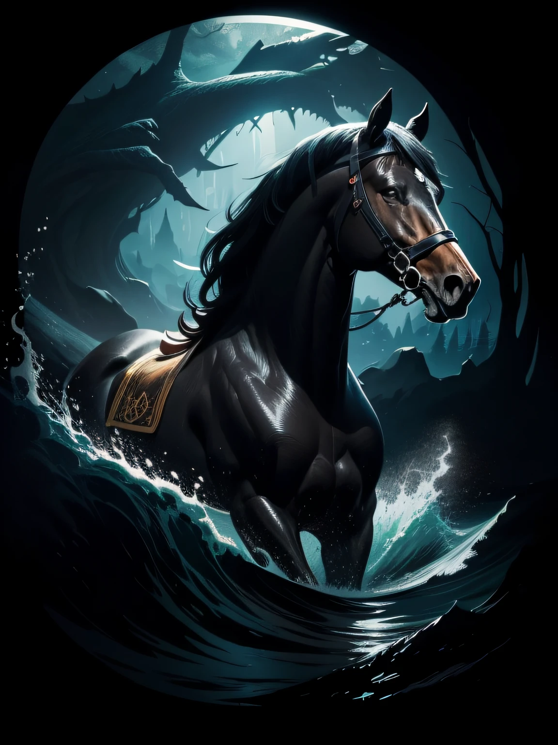 [black stallion] Heraldic silhouette, logo masking style illustration, by dan mumford, by greg rutkowski, by james jean, black background, mysterious, fantasy art, realistic, majestic, rich vibrant colors, high contrast, seamless water brand, artstation, deviantart, dribble, redbubble, teepublic, sharp focus, simple, hyper detailed, detailed drawing, vectorize, outline, isometric style, 8k."
