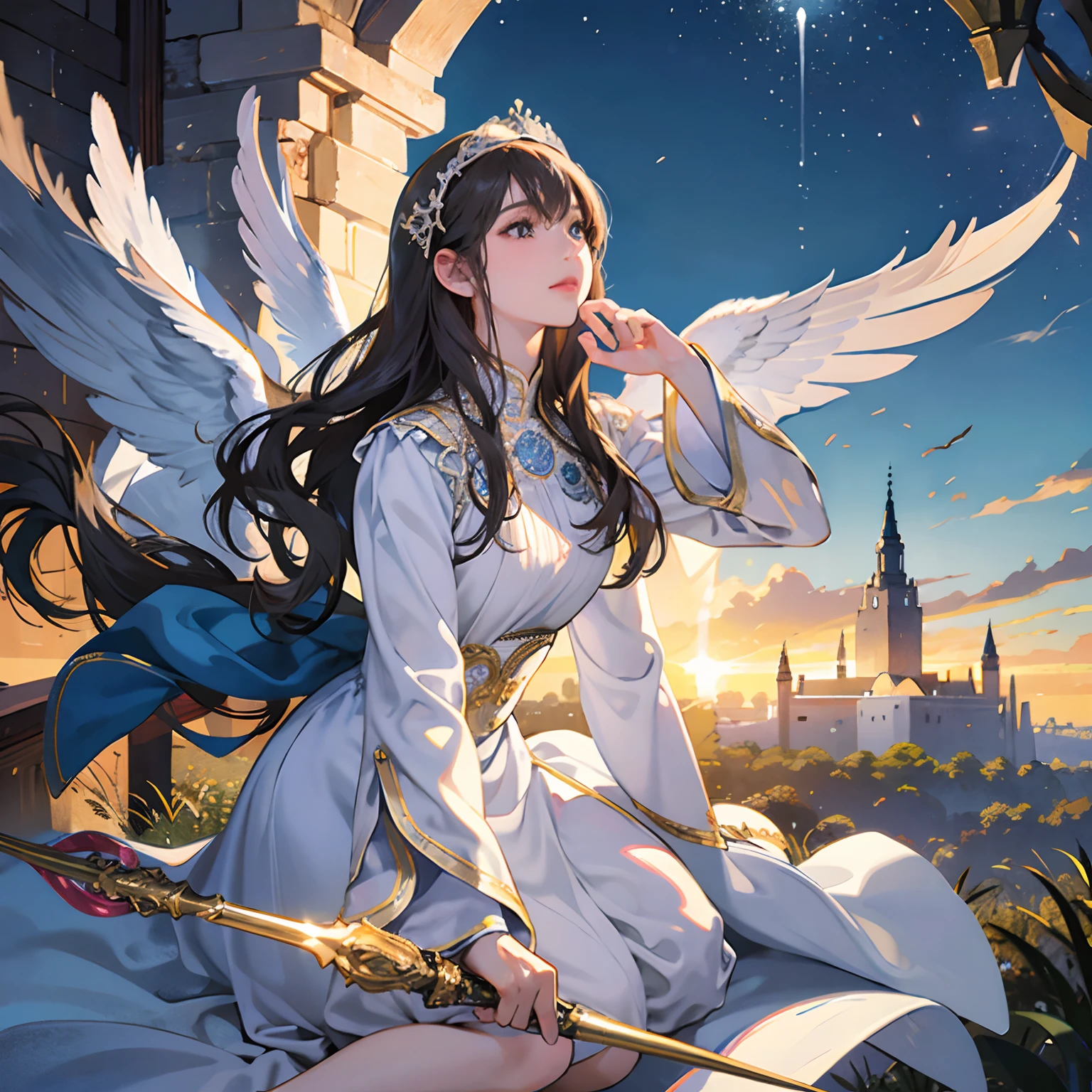 Women in Their 20s, 独奏, offcial art, unity 8k wall paper, ultra-detailliert, beautifly、Aesthetic, masterpiece, top-quality, Photorealsitic, a female angel、3 pairs of wings left and right、large white wings、Folded wings、Silver armor:2.0、Helmet with feather ornament、Holding a long steel spear in one hand、Circle of Angels Emitting Light、light magic、depth of fields, Fantastic atmosphere, Calm palette, tranquil mood, Soft shading (Zentangle、a Mandala、Tangles、Tangles:0.7)、The background is the forest, Blue sky and distant castles、Beautiful Landscapes、White headdress