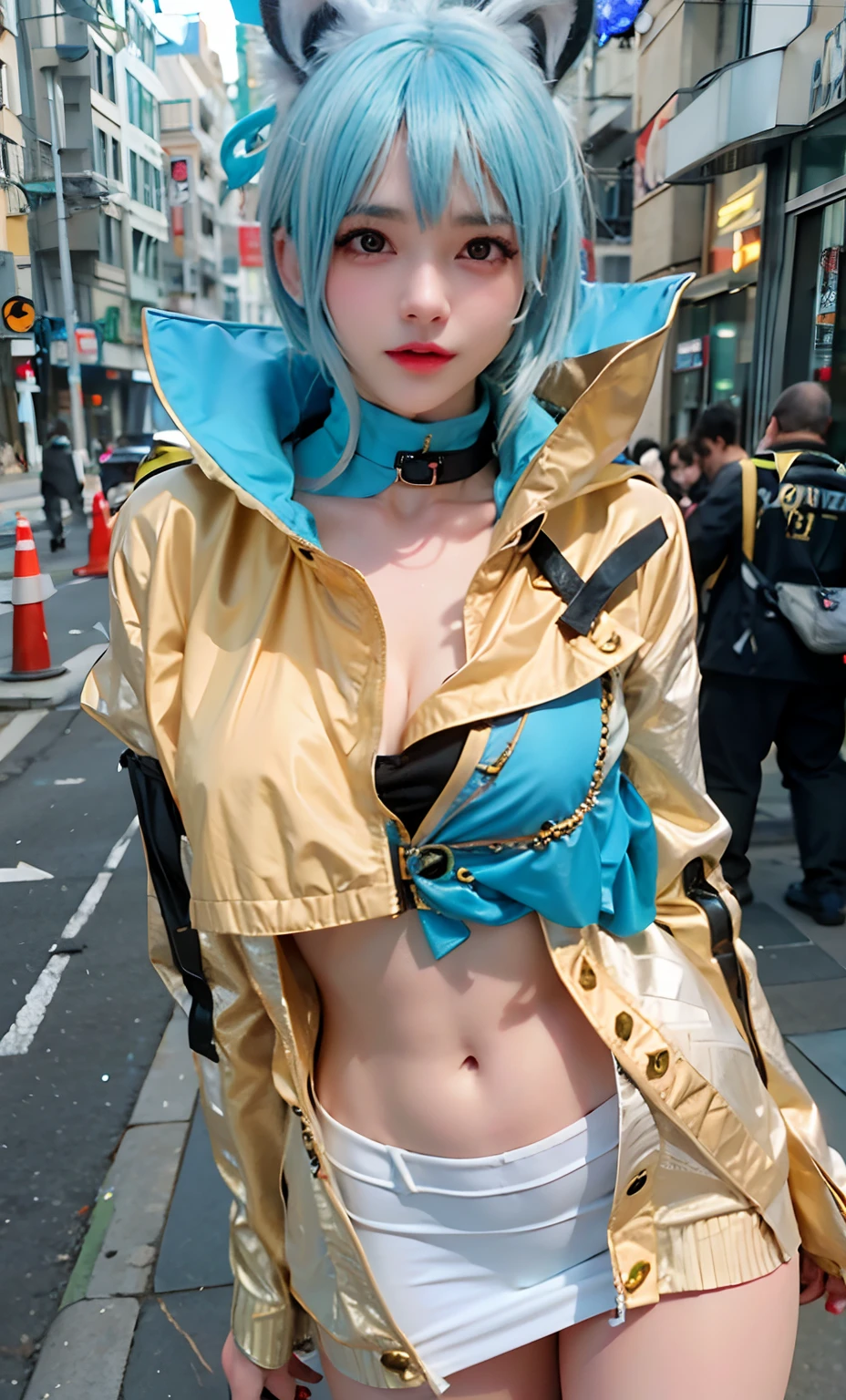 araffe dressed in a gold jacket and white shorts on a city street, anime cosplay, anime girl cosplay, cosplay, cosplayer dressed like a crab, cosplayer, as overwatch character, professional cosplay, cosplay photo, anime style mixed with fujifilm, beautiful cyberpunk woman model, glamourous cosplay, wearing cyberpunk streetwear, wearing cyberpunk 2 0 7 7 jacket, full-cosplay