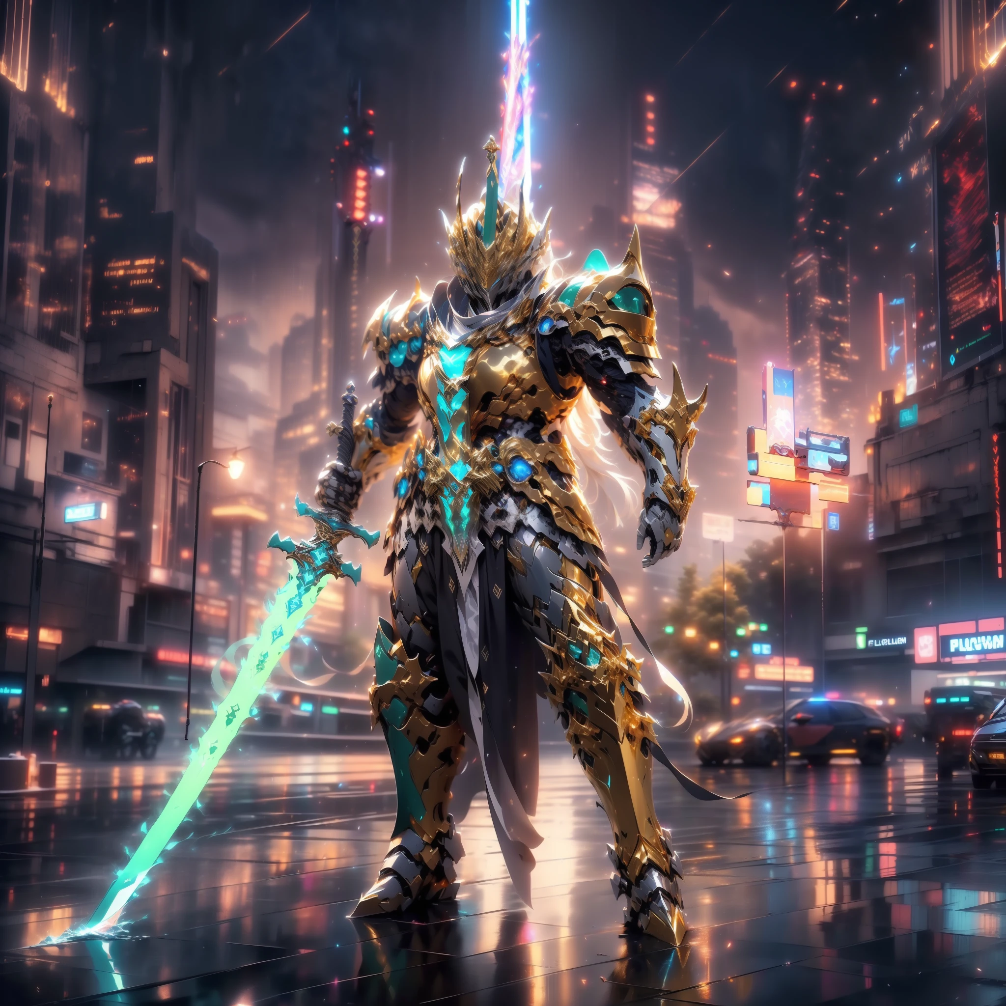 ultra wide shot, full body shot, (masterpiece, best quality), ((A paladin holding a light infused sword, light magic, divine, magewave, silver and gold)) , 4k, dark cityscape, Fujifilm, Beautiful detail background, Ultra detailed, Great composition, movie lights, Depth of field, photorealistic