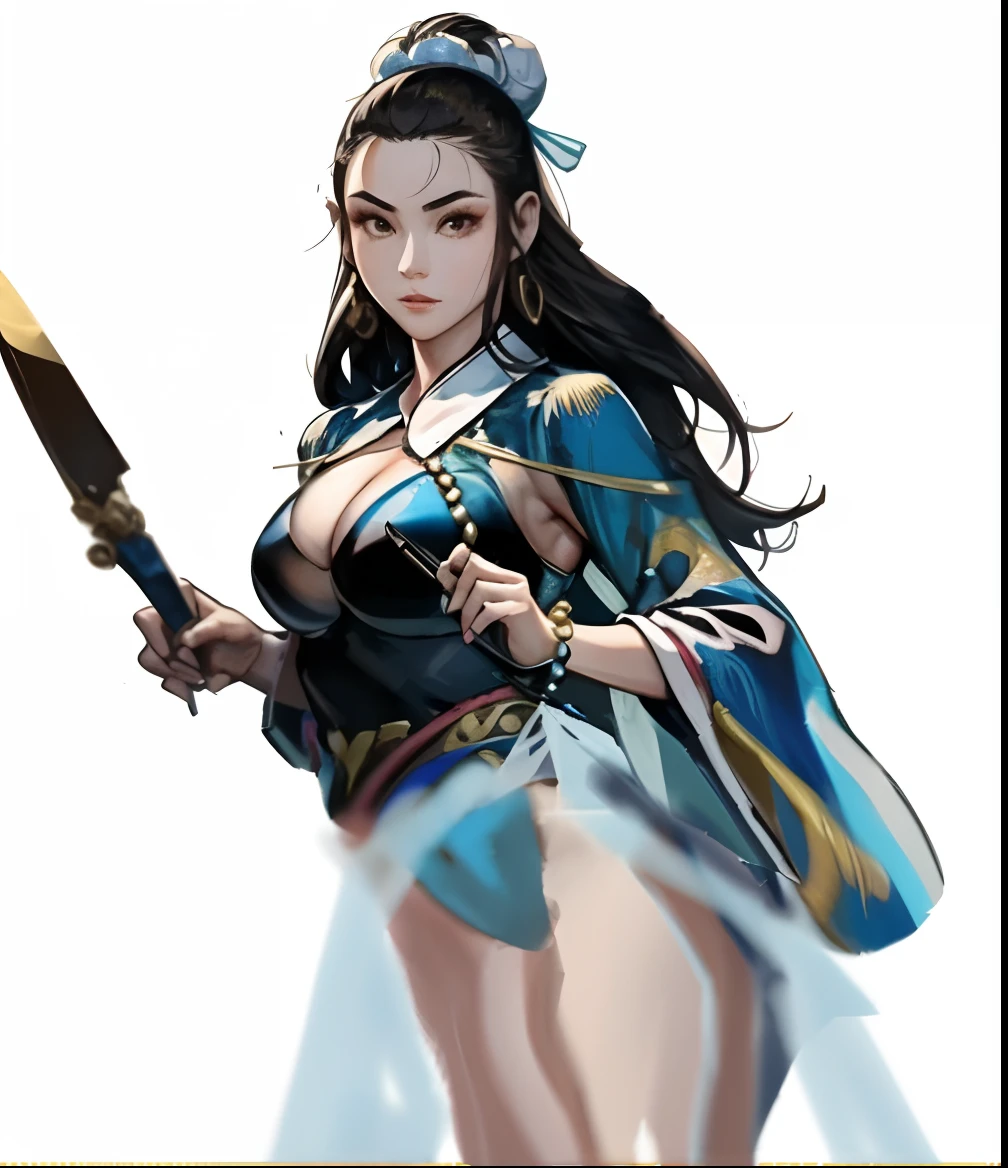 Ancient Chinese Hanfu girls, The girls have high buns and jewelry decorations, Girls wear bikinis, Girls wearing transparent silk clothes and transparent skirts,The girl holds a sharp sword in her hand, The girl's expression is gentle and happy,