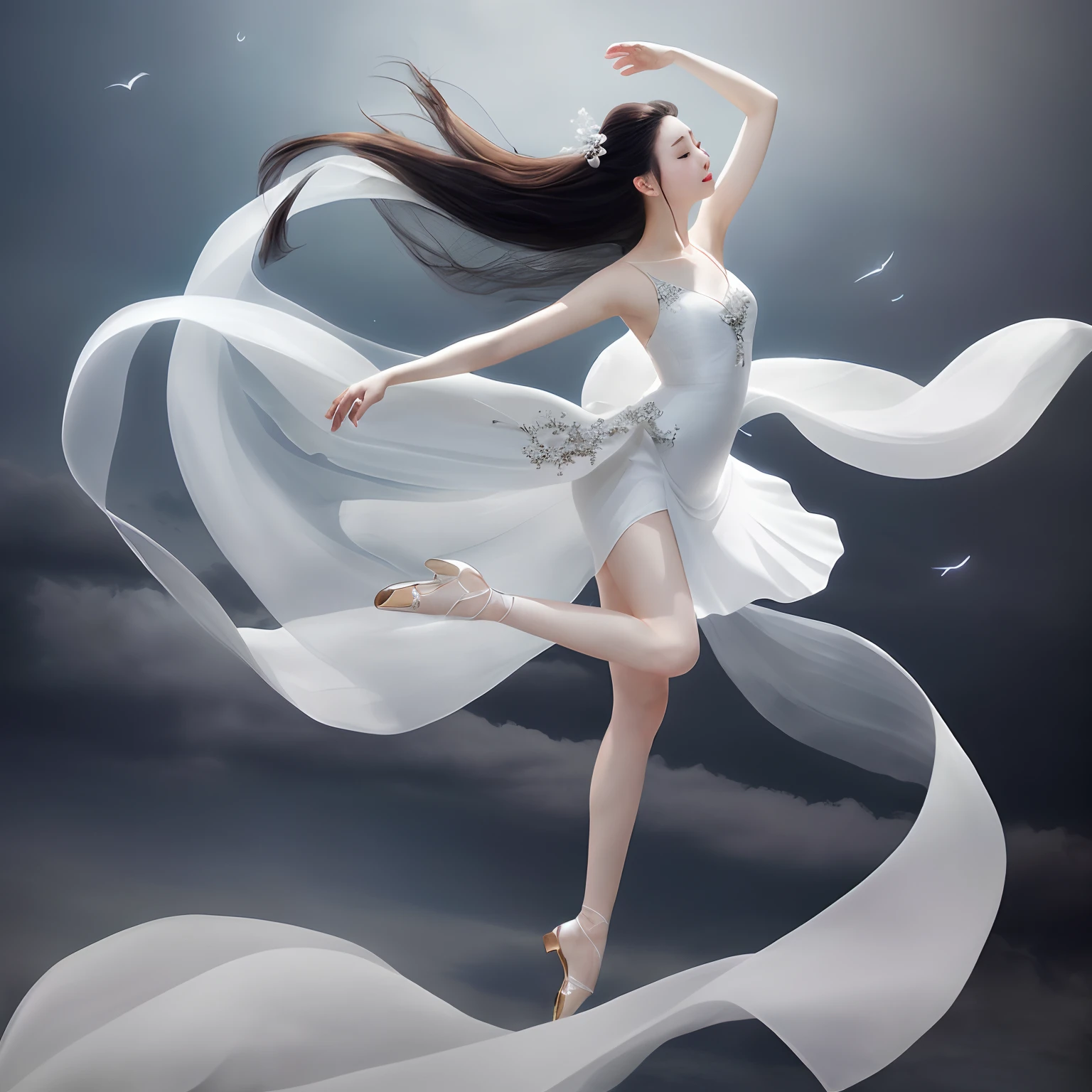 arafed woman in a white dress is dancing with a flowing white fabric, jingna zhang, a stunning young ethereal figure, dramatic magic floating pose, beautiful young wind spirit, elegant floating pose, dramatic floating pose, girl graceful, a beautiful artwork illustration, peaceful and graceful, beautiful and graceful, inspired by Fenghua Zhong, by Leng Mei