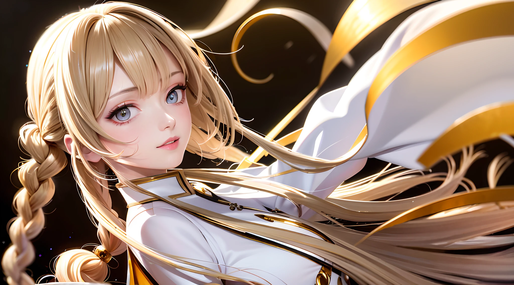tmasterpiece,Excellent image quality,high detal,whaite hair,Golden eyes,Fresh white clothes,Look up gracefully,upperbody closeup,Flowing hair,Fair skin,Side braid detailing。