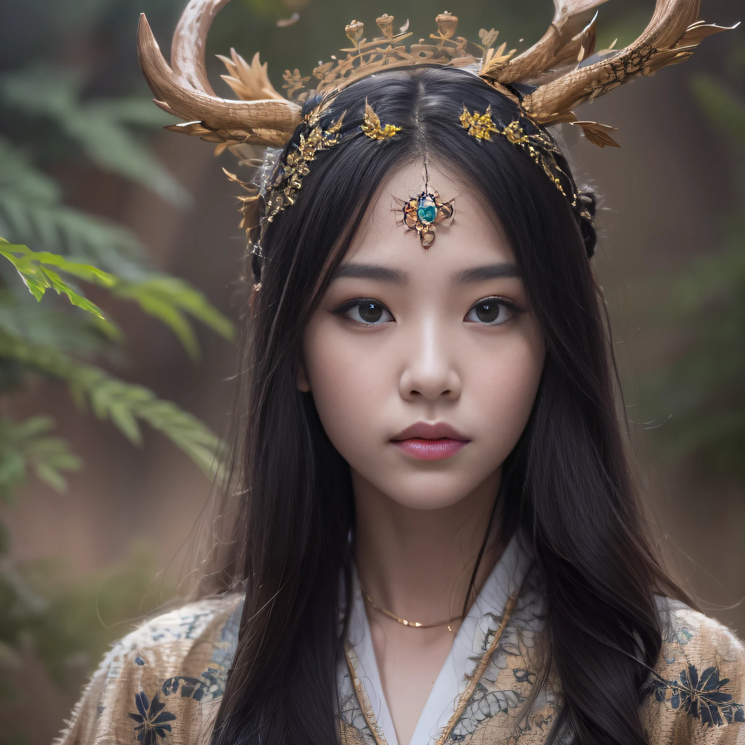 32K(tmasterpiece,k hd,hyper HD,32K)Long flowing black hair,Yellowstone,Xuzhou girl ,Protector of the Divine Deer(realisticlying:1.4),Python pattern robe,Purple-pink tiara,The leaves flutter,The canyon background is pure,Hold your head high,Be proud,The nostrils look at people, A high resolution, the detail,autumnal, RAW photogr, Sharp Re, Nikon D850 Film Stock Photo by Jefferies Lee 4 Kodak Portra 400 Camera F1.6 shots, Rich colors, ultra-realistic vivid textures, Dramatic lighting, Unreal Engine Art Station Trend, cinestir 800,Hold your head high,Be proud,The nostrils look at people