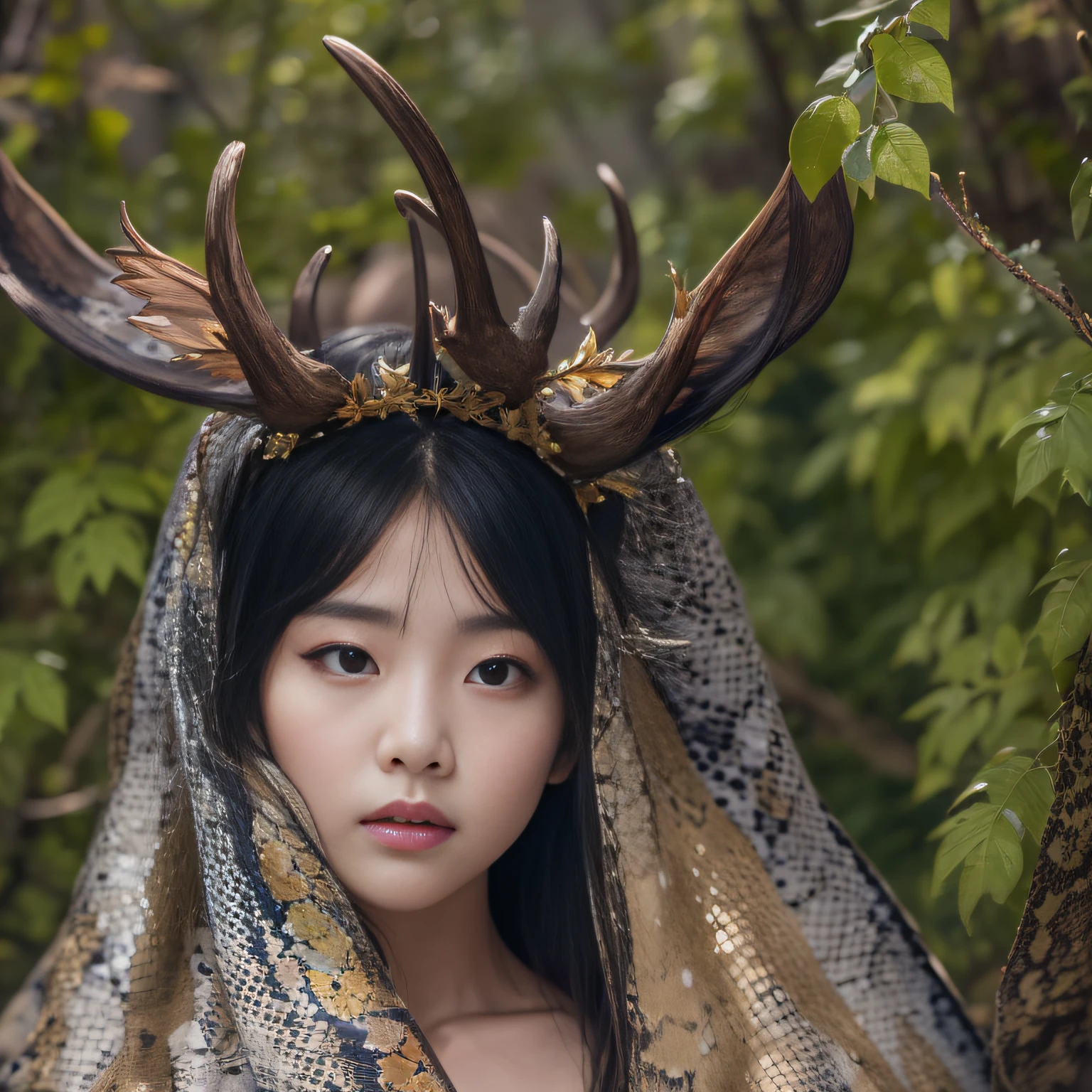 32K（tmasterpiece，k hd，hyper HD，32K）Long flowing black hair，Yellowstone，Xuzhou girl ，Protector of the Divine Deer（realisticlying：1.4），Python pattern robe，Purple-pink tiara，The leaves flutter，The canyon background is pure，Hold your head high，Be proud，The nostrils look at people， A high resolution， the detail，autumnal， RAW photogr， Sharp Re， Nikon D850 Film Stock Photo by Jefferies Lee 4 Kodak Portra 400 Camera F1.6 shots, Rich colors, ultra-realistic vivid textures, Dramatic lighting, Unreal Engine Art Station Trend, cinestir 800，Hold your head high，Be proud，The nostrils look at people