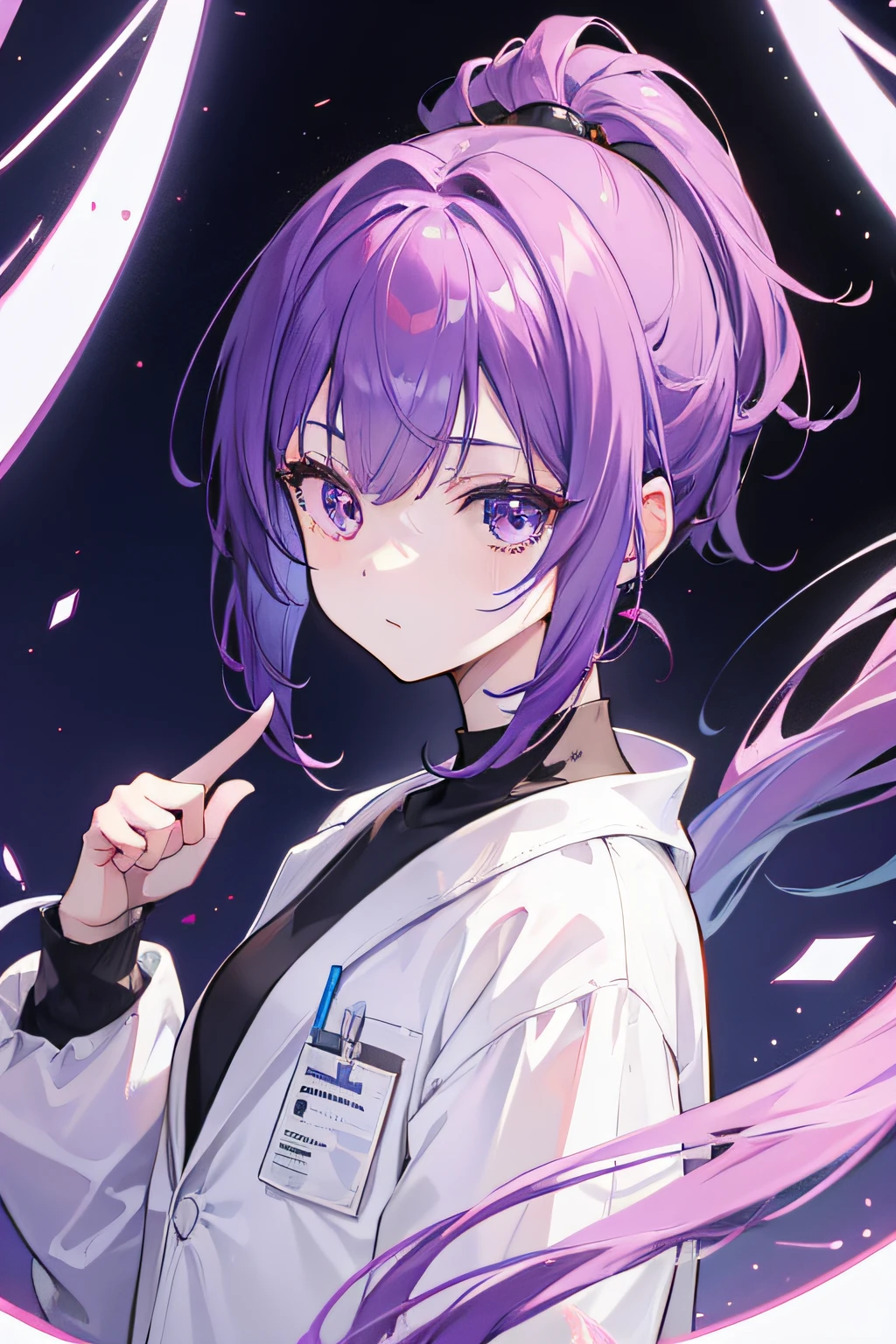 Young female scientists，Scientific experiments，purple hair, short ponytail, hair bobbles, gradient eyes, anime, anime style, first-person view, UHD, masterpiece, 8k