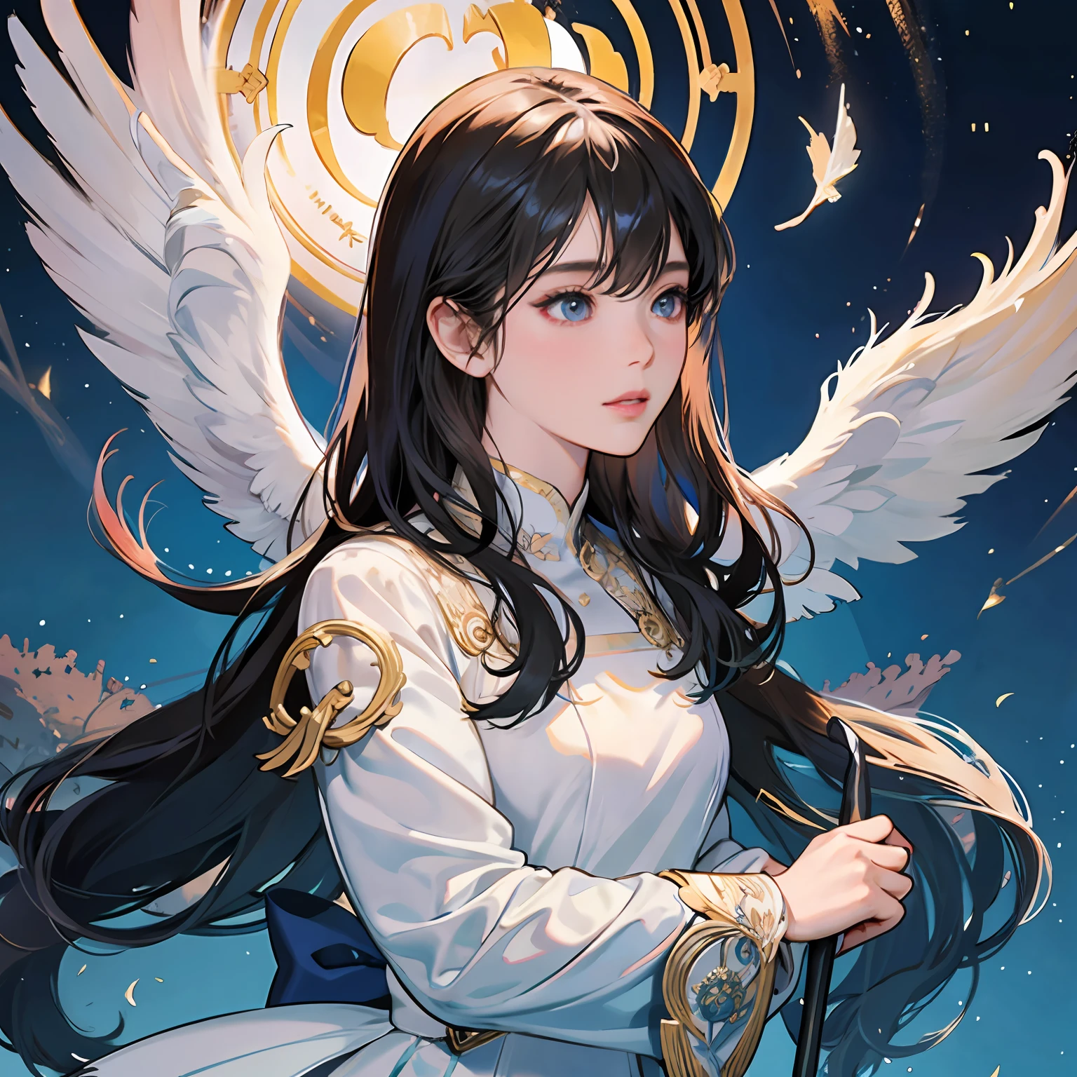 Women in Their 20s, 独奏, offcial art, unity 8k wall paper, ultra-detailliert, beautifly、Aesthetic, ​masterpiece, top-quality, Photorealsitic, a female angel、3 pairs of wings left and right、large white wings、Folded wings、Silver armor:2.0、Helmet with feather ornament、Holding a long steel spear in one hand、Circle of Angels Emitting Light、light magic、depth of fields, Fantastic atmosphere, Calm palette, tranquil mood, Soft shading (Zentangle、a Mandala、Tangles、Tangles:0.7)、The background is the forest, Blue sky and distant castles、Beautiful Landscapes、