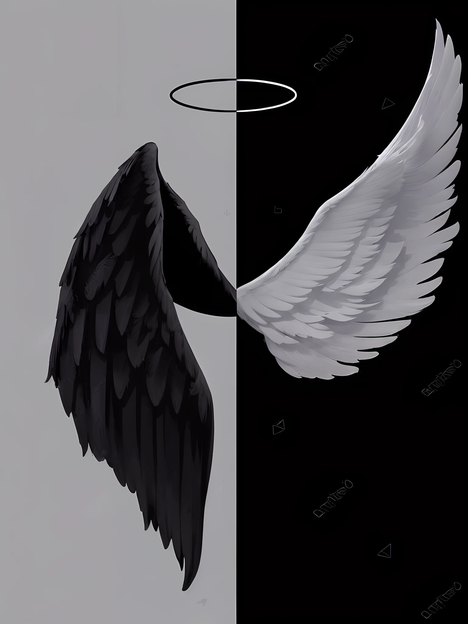 Wings with halo on black and white background, two sides, Wings, Black and white Papua New Guinea, black wings instead of arms, angel versus devil, angelic and unsettling, angel with black wings, which splits in half into wings, devil versus angel, black and white vector art, exquisite and handsome wings, wings are clouds of darkness, black and white color only