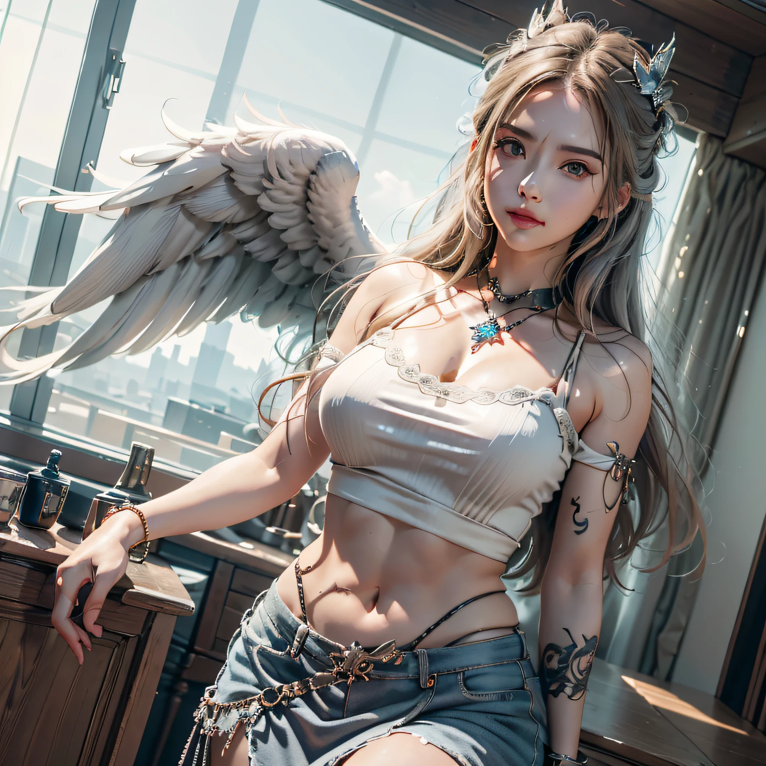 1girl in, 独奏, offcial art, unity 8k wall paper, ultra - detailed, prettify、Aesthetic, tmasterpiece, top-quality, Photorealsitic, A female angel、It has 6 large white wings on its back:2.0、Wings of a bird of prey、Blazing Angel、Silver armor:2.0、Silver gauntlet、Silver Solette、White fabric、Hair ornaments with small wings、Valkyrie、Very large wide sword、Glowing angel circle、angelic halo:2.0、Light magic、depth of fields, Fantastic atmosphere, calm color palette,  Soft Shading、You can see the forest in the distance、See remote mountain castles、ellegance、Full body like、busty figure、Large full breasts、wide waist、Floating in the air:2.0、Flying in the sky:2.0、Fry high in the air、Sky on the steppe、You can see the castle on the hill in the distance