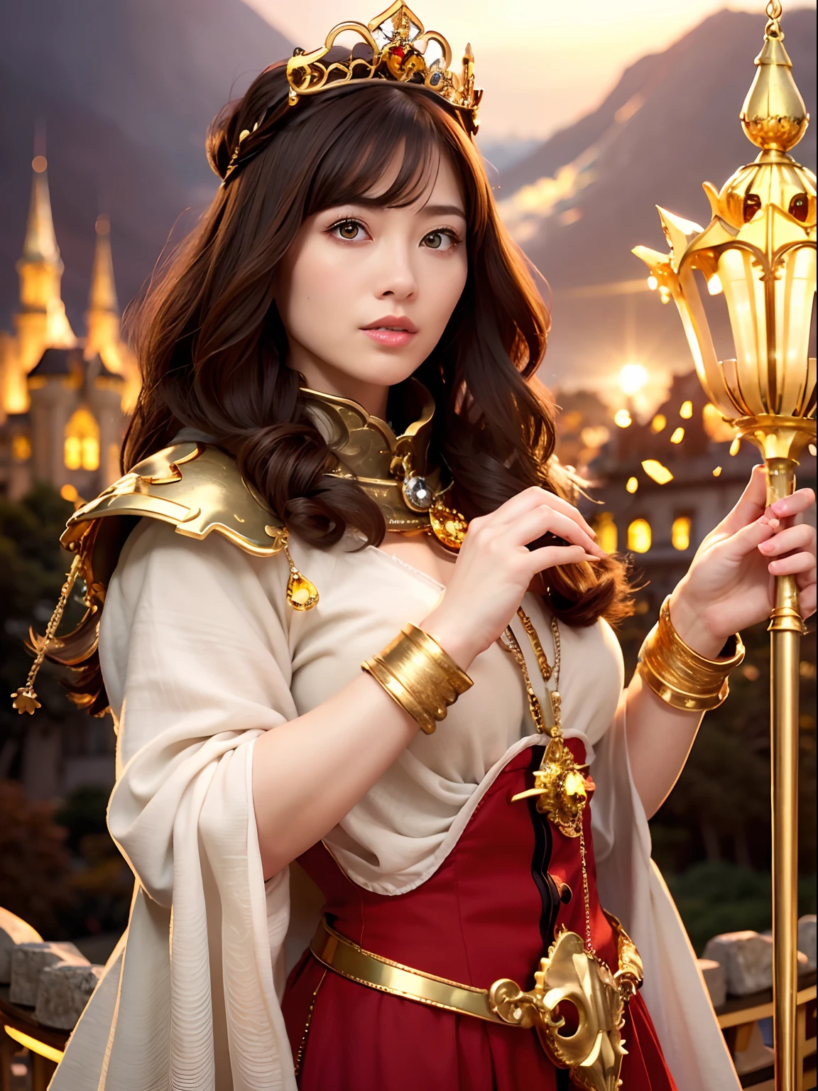 (masutepiece), Professional , masterpiece、top-quality、photos realistic , depth of fields (Gemstone Silver Metal Body:1.9),(Matte yellow、Jewel Gold Weapon、(Gorgeous castle background)、(Jewel Metal Body:1.4),Gorgeous Jewel Metal Weapons , Detailed Sword of the Brave ,( Soldier background in metal armor) ,warhammer 40k , adepta sororitas,Detail and ornate jewel crown、独奏、Brown hair、(Gangle's forest background)、Beautiful Caucasian beauty、1a person、dynamic ungle,(((Diamond tiara with detail and luxury)))、a small face、A smile、Powerful poses、(Gorgeous castle background)、huge filesize、20 year old beautiful woman、Stand in the center of the screen、Thin female fingers、Straight long hair、Beautiful Caucasian beauty、
