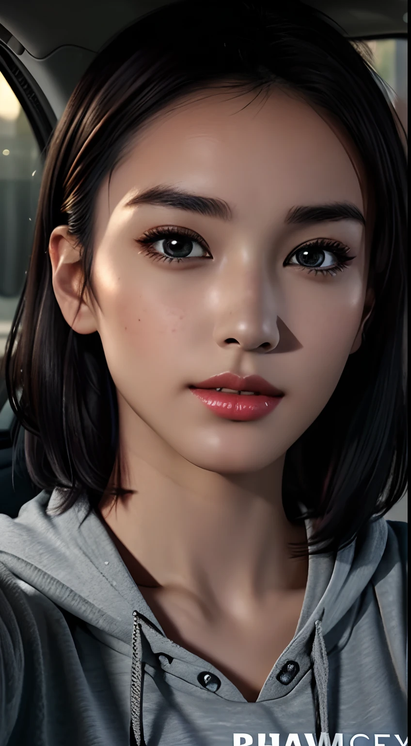 RAW photo, a 22-year-old-girl, upper body, selfie in a car, blue hoodie, (raecmbr-2650:0.9), (r4ec4mbr4:0.95), (1girl), (realistic), (photo-realistic:1.5), inside a car, driving, lipstick, freckles, (short hair), multicolor hair, necklace, (RAW photo, 8k uhd, film grain), Sharp Eyeliner, Blush Eyeshadow With Thick Eyelashes, extremely delicate and beautiful, 8k, soft lighting, high quality, highres, sharp focus, extremely detailed, during the day, (sunlight on face), beautiful detailed eyes, extremely detailed eyes and face, masterpiece, cinematic lighting, (high detailed skin:1.2), 8k uhd, dslr, soft lighting, high quality, film grain, Fujifilm XT3