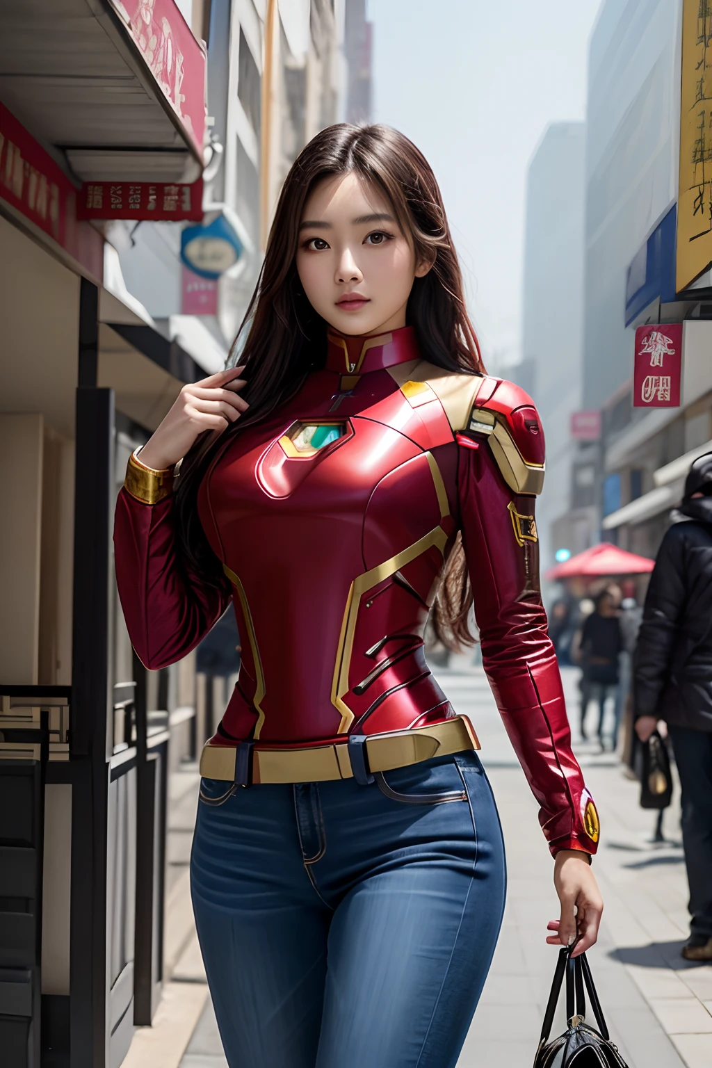 primitive,tmasterpiece,ultra fine photos,best qualtiy,超高分辨率,Photoreality,rays of sunshine,full-body portraits,stunningly beautiful,,dynamicposes,Chinese beautiful woman,Vibrant eyes,(seen from the side),She wears a futuristic Iron Man costume,skintight jeans,turtleneck top,cropped shoulders,Iron Man ears,Standing in a busy city,very highly detailed background,detailed face with,Detailed and complex busy background,Untidy,opulent,milkyW,Highly detailed skin,Realistic details of skin,Visible Pore,tack sharp focus,volume fog,8K UHD,digital SLR camera,high qulity,