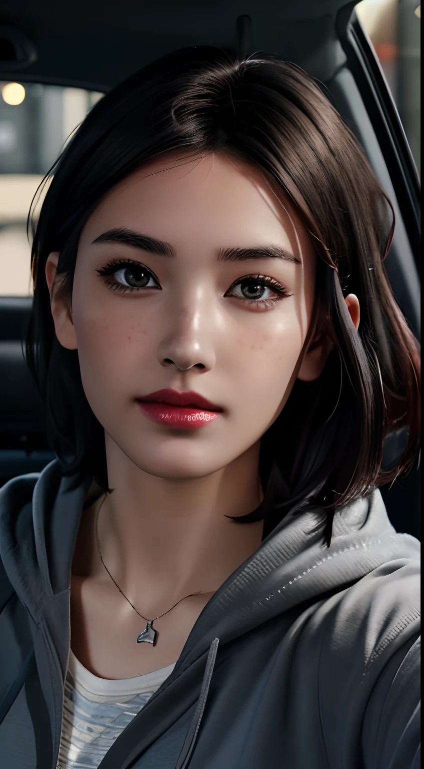 RAW photo, a 22-year-old-girl, upper body, selfie in a car, blue hoodie, (raecmbr-2650:0.9), (r4ec4mbr4:0.95), (1girl), (realistic), (photo-realistic:1.5), inside a car, driving, lipstick, freckles, (short hair), multicolor hair, necklace, (RAW photo, 8k uhd, film grain), Sharp Eyeliner, Blush Eyeshadow With Thick Eyelashes, extremely delicate and beautiful, 8k, soft lighting, high quality, highres, sharp focus, extremely detailed, during the day, (sunlight on face), beautiful detailed eyes, extremely detailed eyes and face, masterpiece, cinematic lighting, (high detailed skin:1.2), 8k uhd, dslr, soft lighting, high quality, film grain, Fujifilm XT3