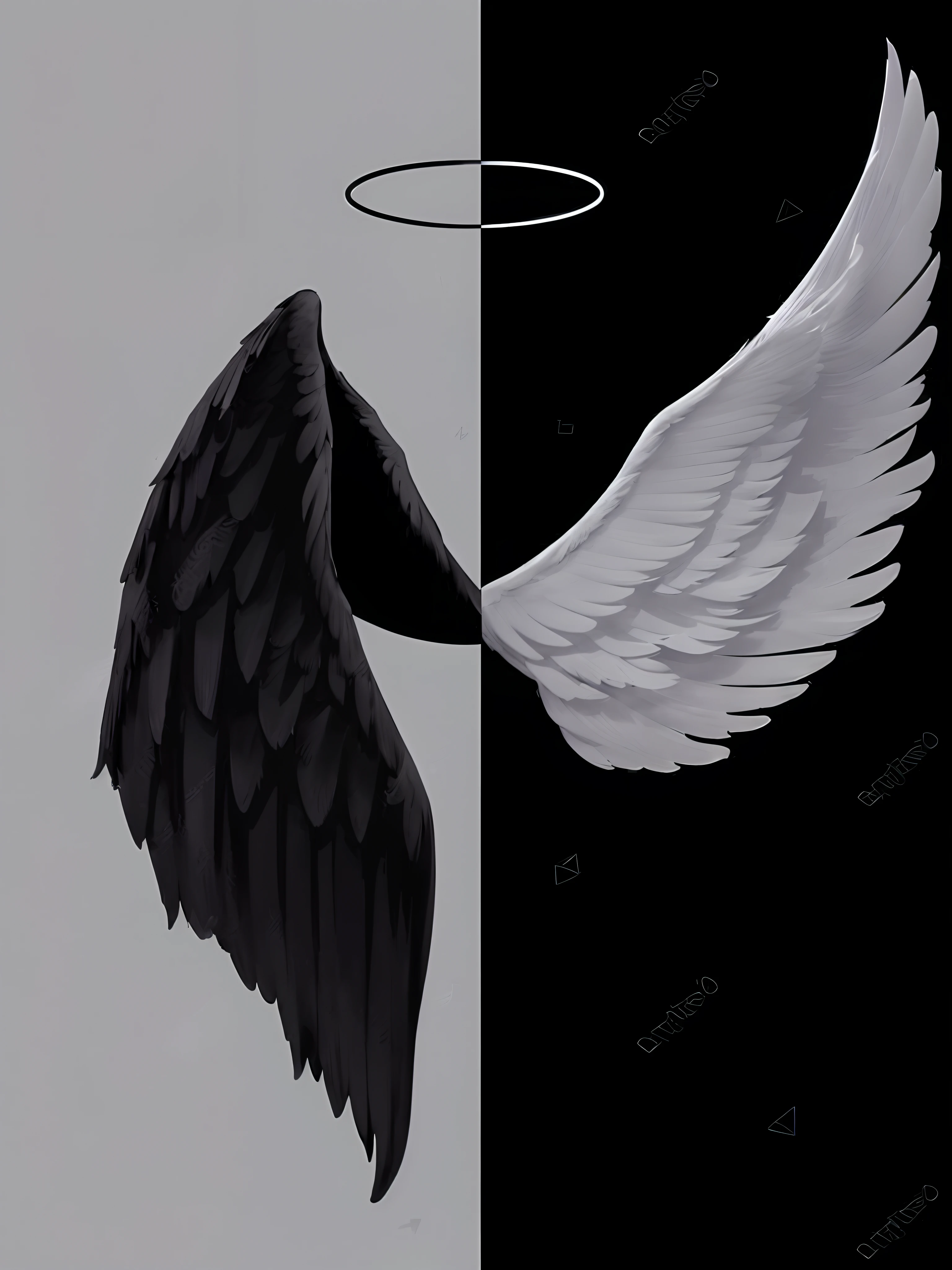 Wings with halo on black and white background, two sides, Wings, Black and white Papua New Guinea, black wings instead of arms, angel versus devil, angelic and unsettling, angel with black wings, which splits in half into wings, devil versus angel, black and white vector art, exquisite and handsome wings, wings are clouds of darkness, black and white color only