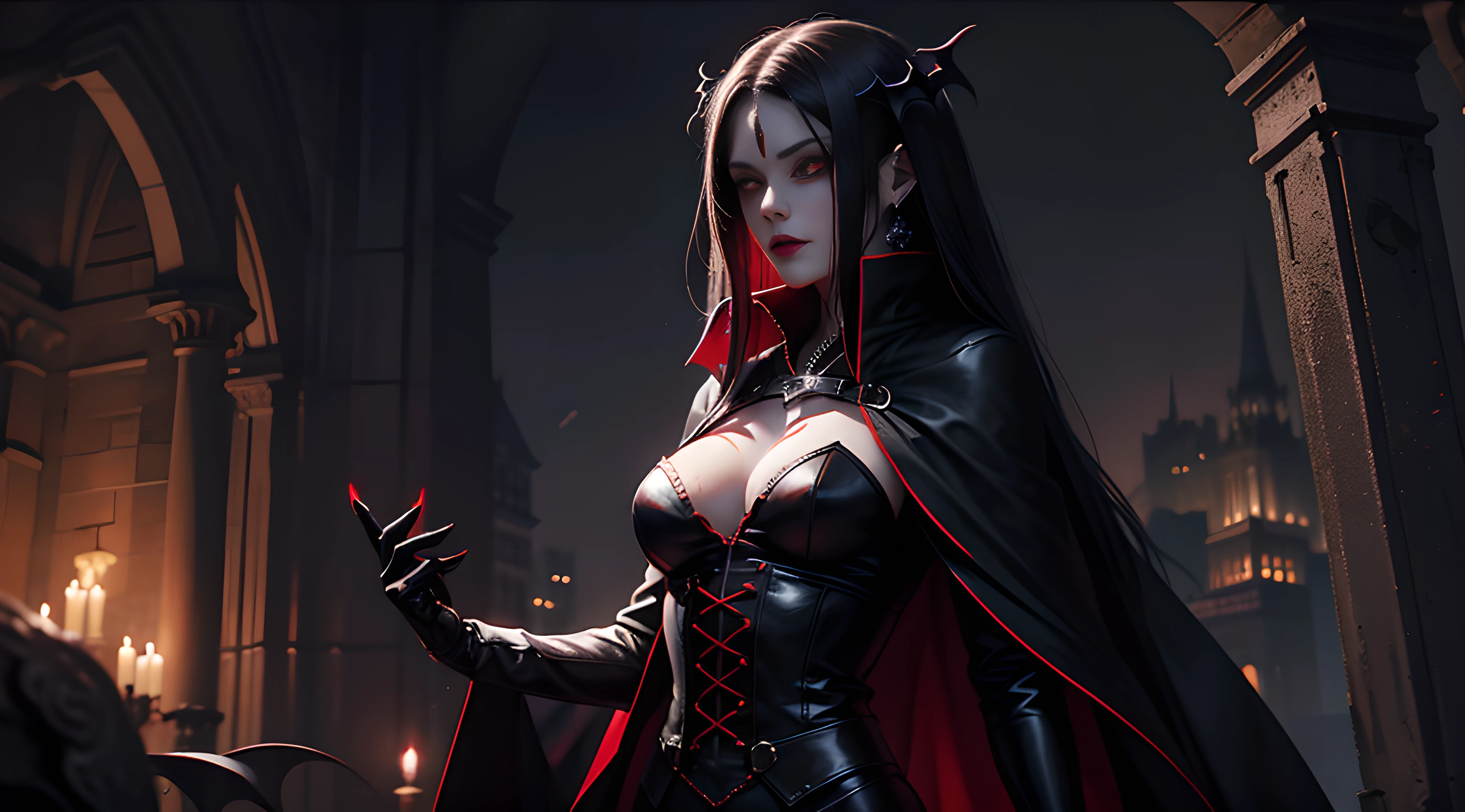 (Best quality), (Masterpiece)，Red-eyed female vampire wearing a black cape，succubi，Night Gothic style，Night Castle，sinister expressions，Creeps，Dilapidated castle，Ray traching