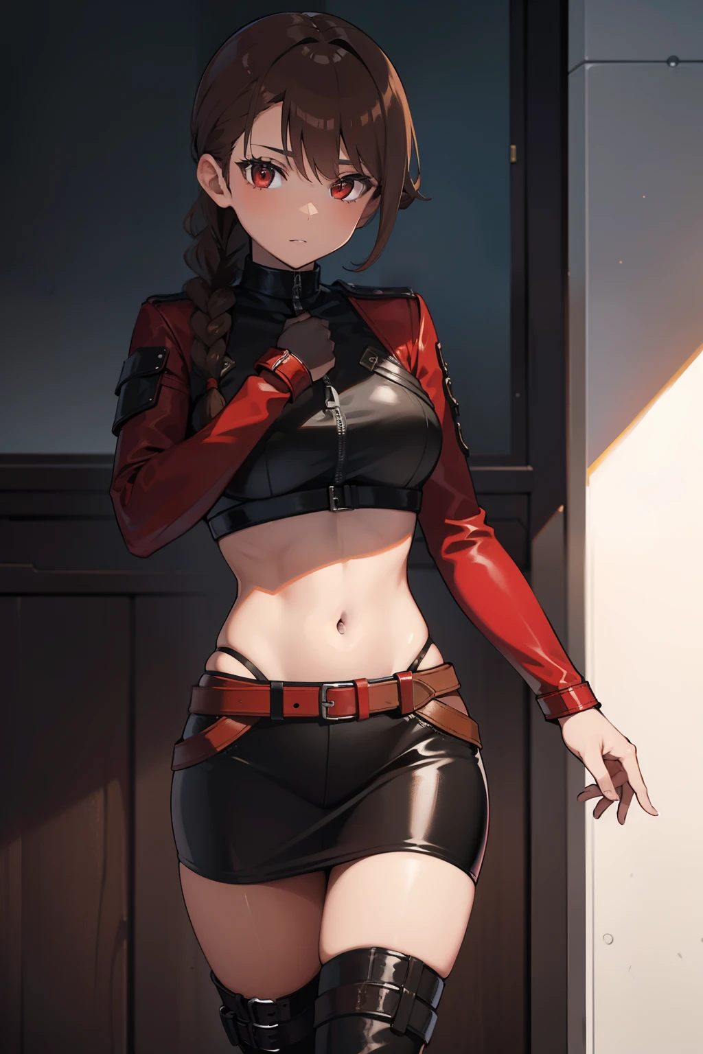 brown hair, red eyes, shadowy aura, leather clothing, braid ponytail, stomach showing