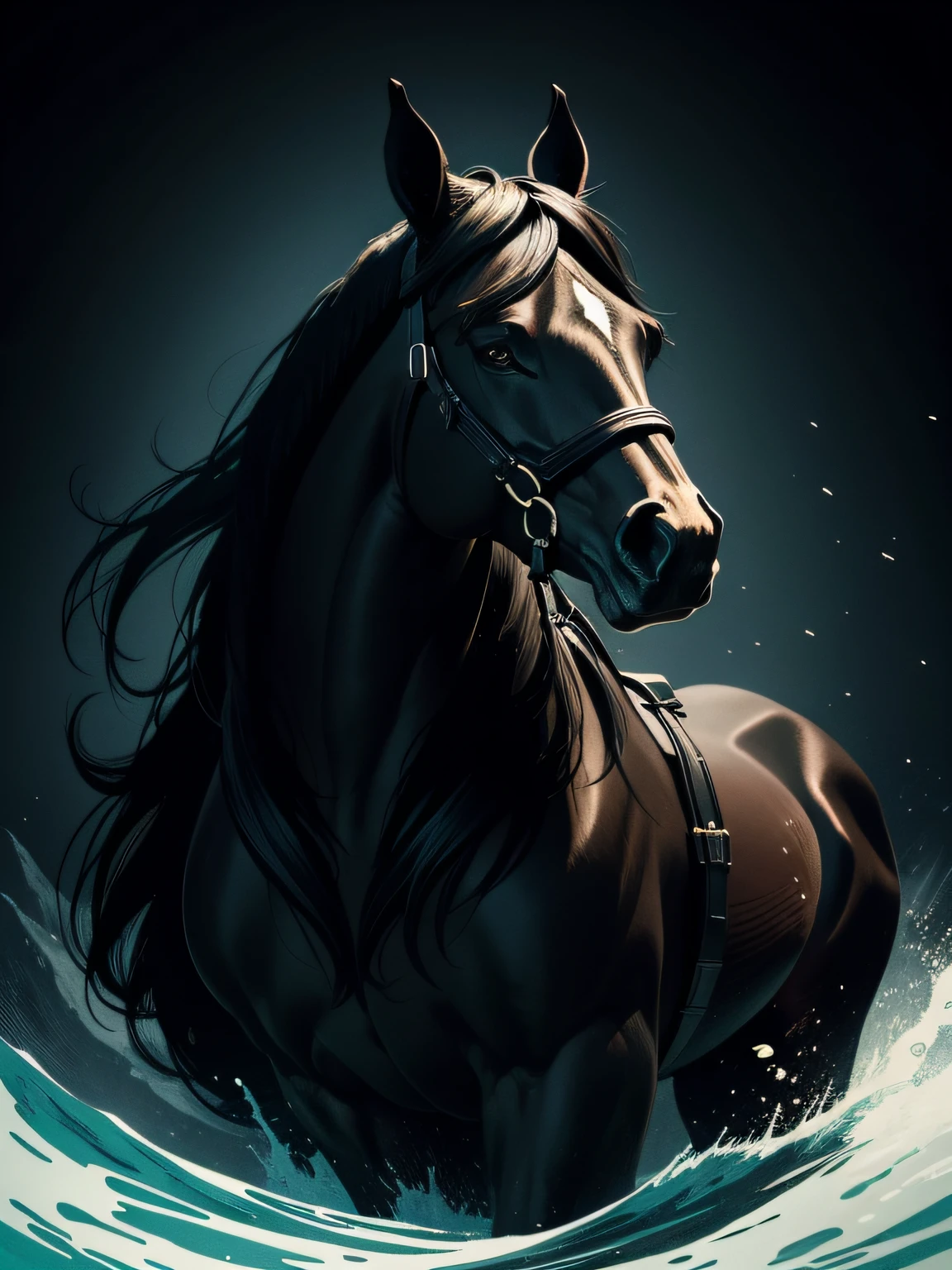 [black stallion] Heraldic silhouette, logo masking style illustration, by dan mumford, by greg rutkowski, by james jean, black background, mysterious, fantasy art, realistic, majestic, rich vibrant colors, high contrast, seamless water brand, artstation, deviantart, dribble, redbubble, teepublic, sharp focus, simple, hyper detailed, detailed drawing, vectorize, outline, isometric style, 8k."