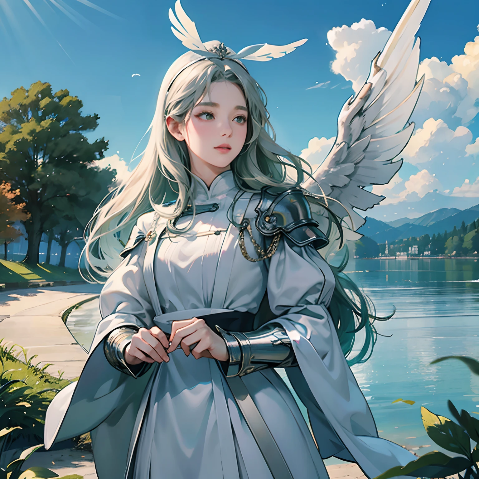 Women in Their 20s, 独奏, offcial art, unity 8k wall paper, ultra-detailliert, beautifly、Aesthetic, ​masterpiece, top-quality, Photorealsitic, a female angel、3 pairs of wings left and right、very massive white wings:1.5、Silver armor:2.0、Helmet with feather ornament、Holding a long steel spear in one hand、Circle of Angels Emitting Light、light magic、depth of fields, Fantastic atmosphere, Calm palette, tranquil mood, Soft shading、Forest and lake in the background、 Blue sky and distant castles、Green Tree々、Beautiful Landscapes、White headdress