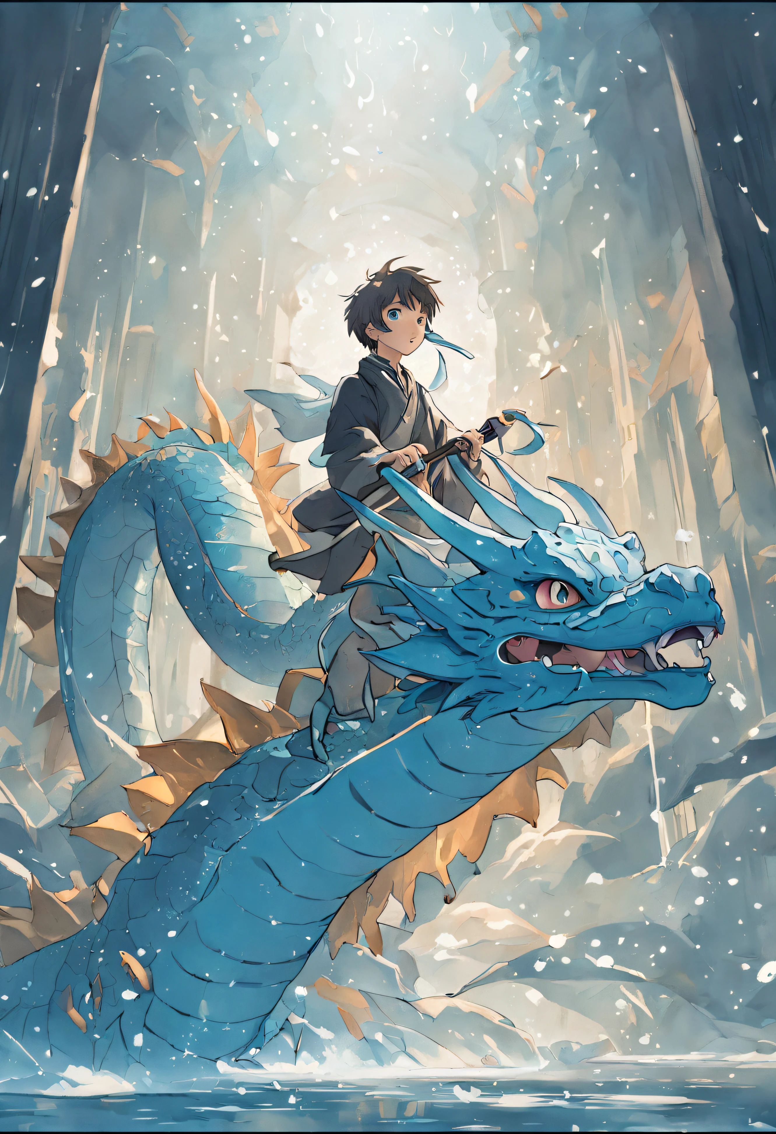 (Handsome ager riding a dragon),Play the flute with your eyes closed,Blue-blue water dragon,corrugation,The air is filled with water droplets,Cloud effect:1.5,Slender dragon body,elevation,Faraway view,super detailing,best qualtiy,tmasterpiece,(8K,Extremely detailed,Epic artwork