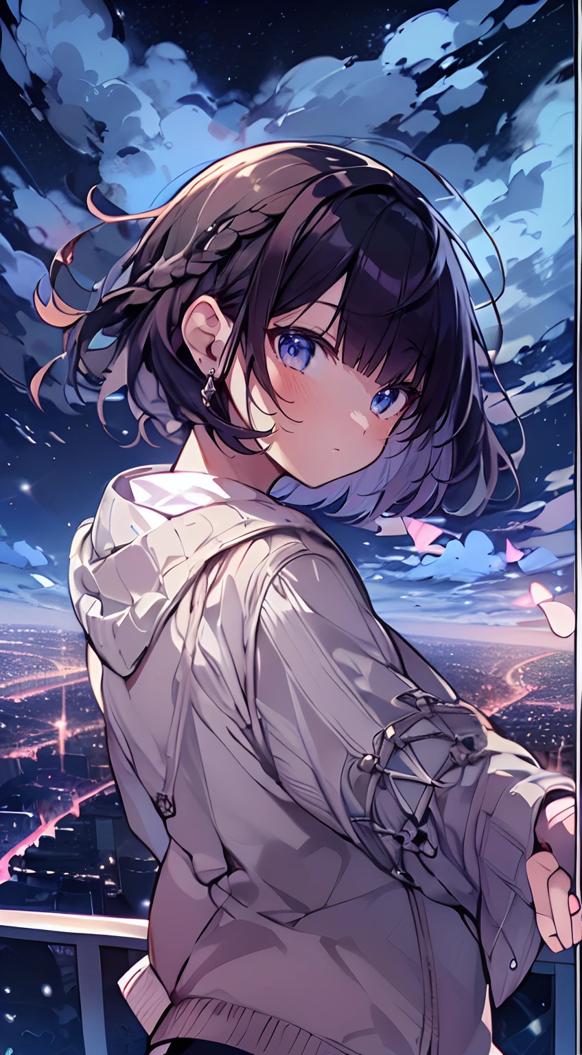 masutepiece, Best Quality,Illustration, Wallpaper, Ultra Detail, absurderes, 1girl in、 (Medium short hair、short braided hair), Beautiful ultra-detailed eyes , Hair fluttering in the wind、nffsw、Smaller head、Beautiful night sky、(a panoramic view:1.5)