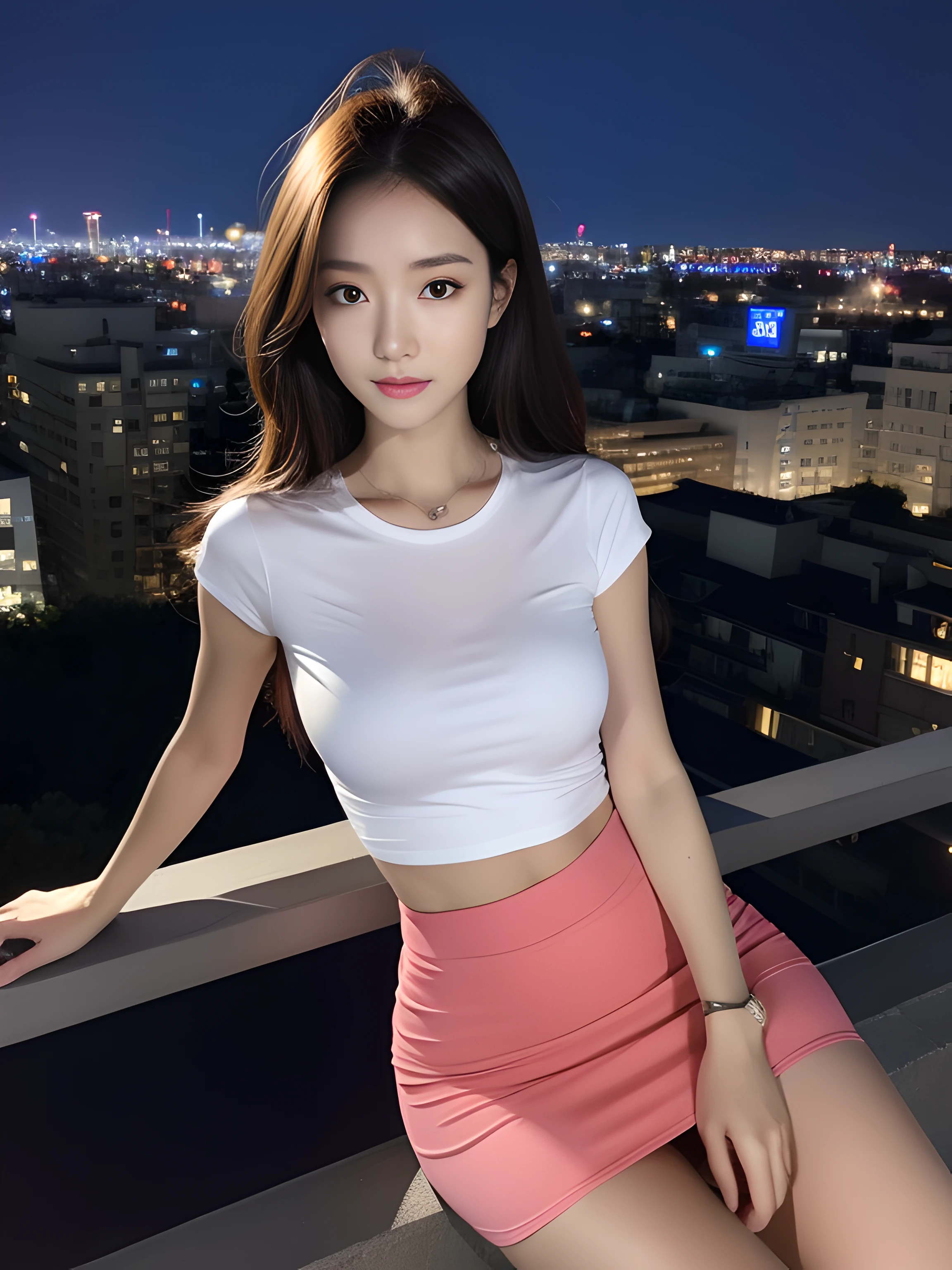 （（midynight， Acura， 8K， tmasterpiece： 1.3））， full bodyesbian， long leges， Focalors： 1.2， perfect figure beautiful woman： 1.4， Slim abs： 1.1， （dark brown  hair，： 1.2 ））， （Pink skinny T-shirt， short  skirt，sitting on a stool： 1.2）， （city night scene， the roof： 1.3））， Highly Detailed Face and Skin Textur， detailedeyes， 二重まぶた，