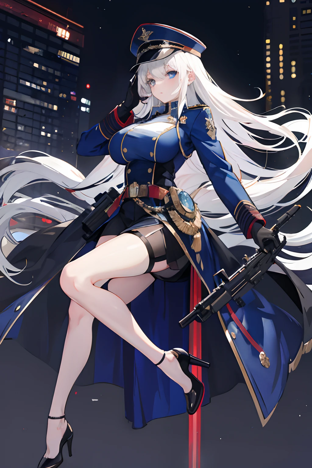 1women, night city, military dress, high heel, weapon on the back, white hair, (big tits), long hair, blue eyes, military hat,