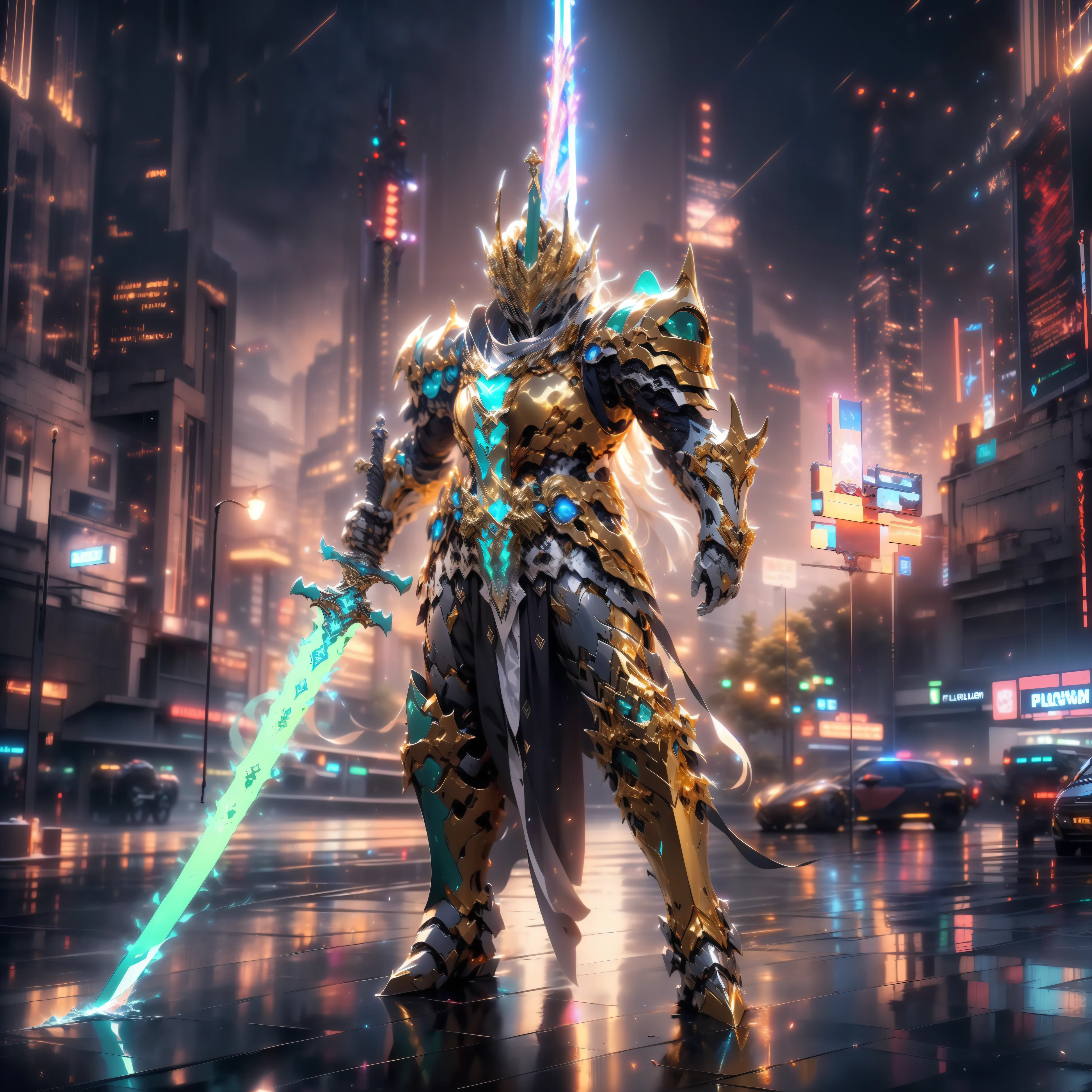 ultra wide shot, full body shot, (masterpiece, best quality), ((A paladin holding a light infused sword, light magic, divine, magewave, silver and gold)) , 4k, dark cityscape, Fujifilm, Beautiful detail background, Ultra detailed, Great composition, movie lights, Depth of field, photorealistic