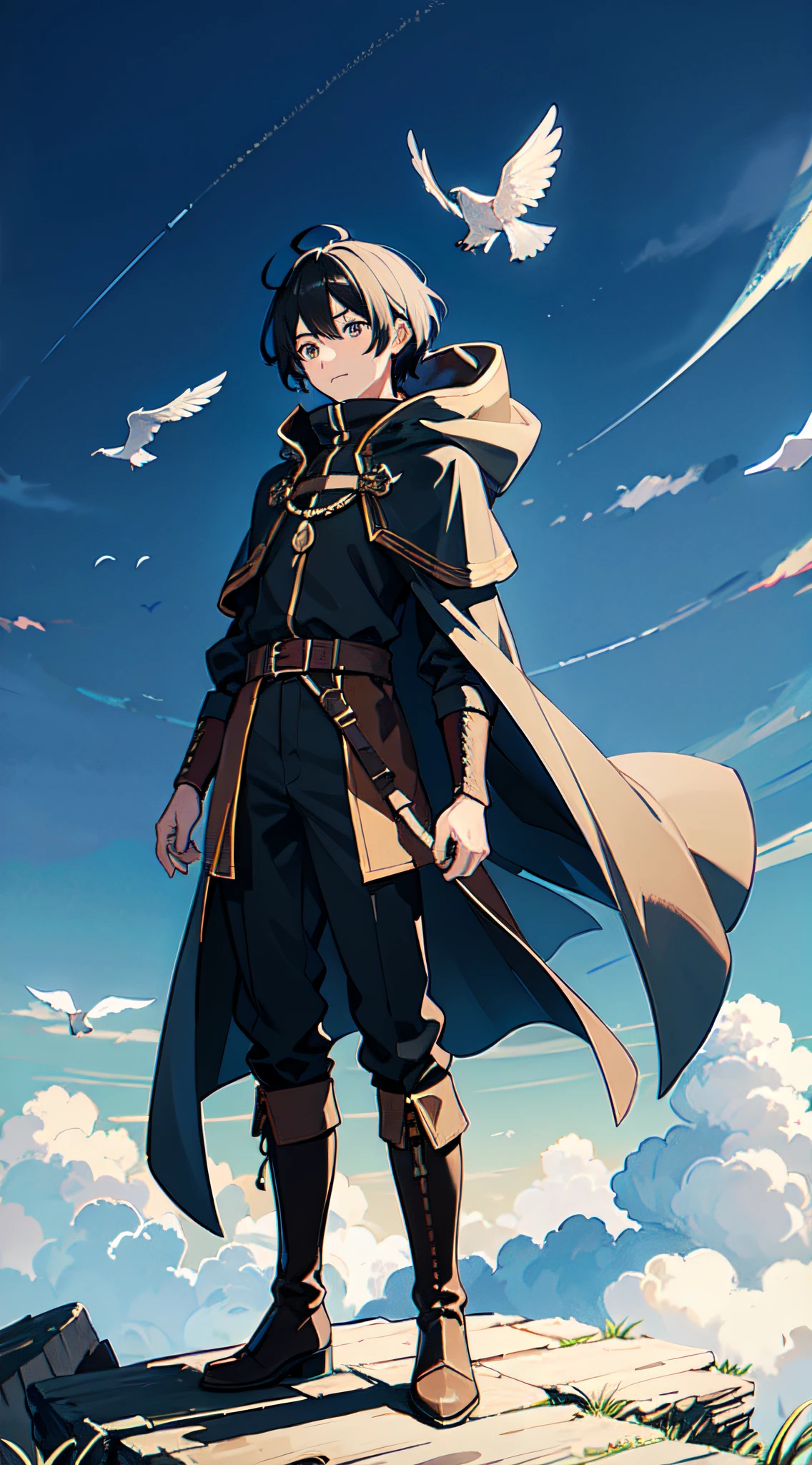 Ultra High Definition 2D Art,（1man, Black-haired head hair,short-hair,cloth clothes,cloaks,trouser,boots,adventurer）,mont々He travels through the great outdoors surrounded by,Light shines in from a clear sky,You can hear the birds singing,Fantasy worldview
