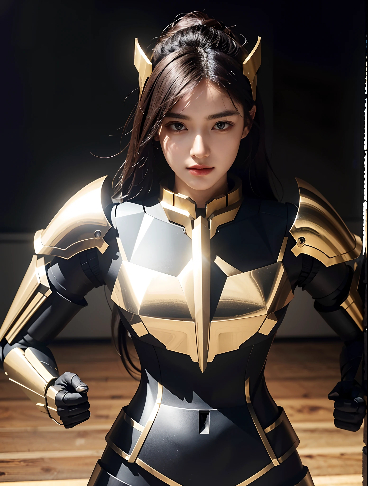 Masterpiece, Best quality, Sword equips mechs, Golden-black color scheme,Purple-black color scheme, greek god in mecha style, Concept armor, Extremely detailed CG unified 8K wallpaper，female mecha，8K分辨率，Lightweight armor，The armor thickness is very thin，The armor is very thin and light，The armor is very close-fitting，The girl's beautiful legs can be seen，Woman wearing black latex underwear，The woman has a face like a god of beauty
