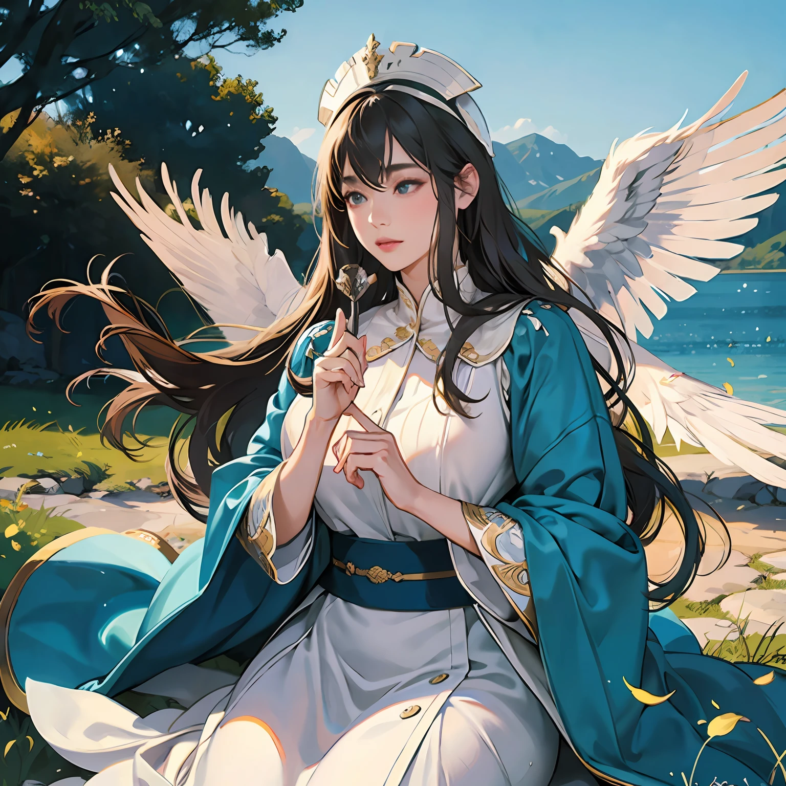 Women in Their 20s, 独奏, offcial art, unity 8k wall paper, ultra-detailliert, beautifly、Aesthetic, masterpiece, top-quality, Photorealsitic, a female angel、3 pairs of wings left and right、very massive white wings:1.5、Silver armor:2.0、Helmet with feather ornament、Holding a long steel spear in one hand、Circle of Angels Emitting Light、light magic、depth of fields, Fantastic atmosphere, Calm palette, tranquil mood, Soft shading、Forest and lake on background、 Blue sky and distant castles、Green Tree々、Beautiful Landscapes、White headdress、bbw、very large breast、plump figure、Flock of white birds