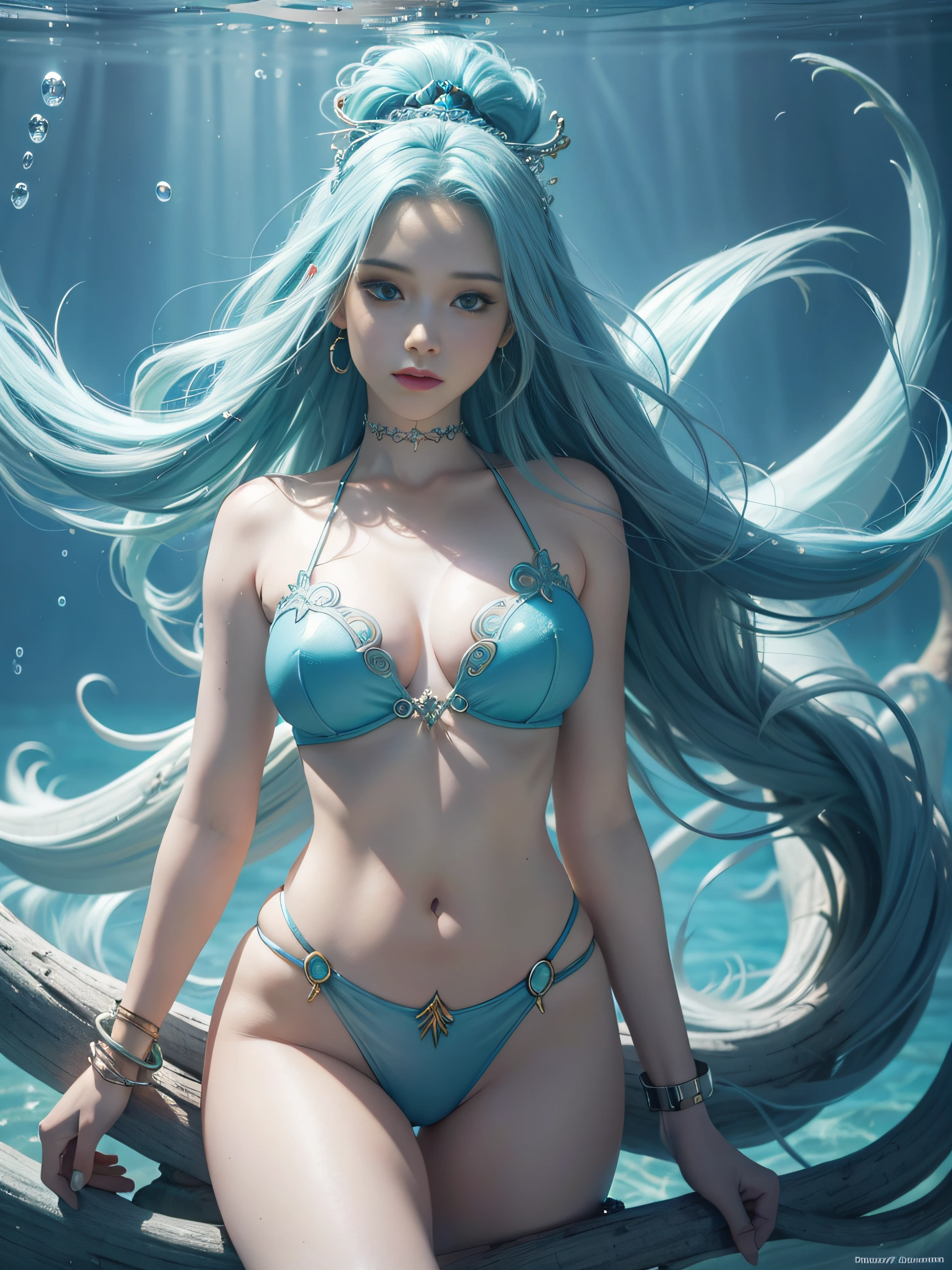 Beautiful Caribbean mermaid portrait, intricately details, Flowing glowing sky blue turquoise hair, Pale skin, Underwater, frontage, Translucent, Beautiful lighting, Rembrandt lighting, Stunning, 2D artwork, femme fetal, Comic style,anime big breast, Contrast, smooth, Jojos Bizarre Adventure - Nikki 5 --s 50 - AR 9:16 -- Chaos 10 -- V 5