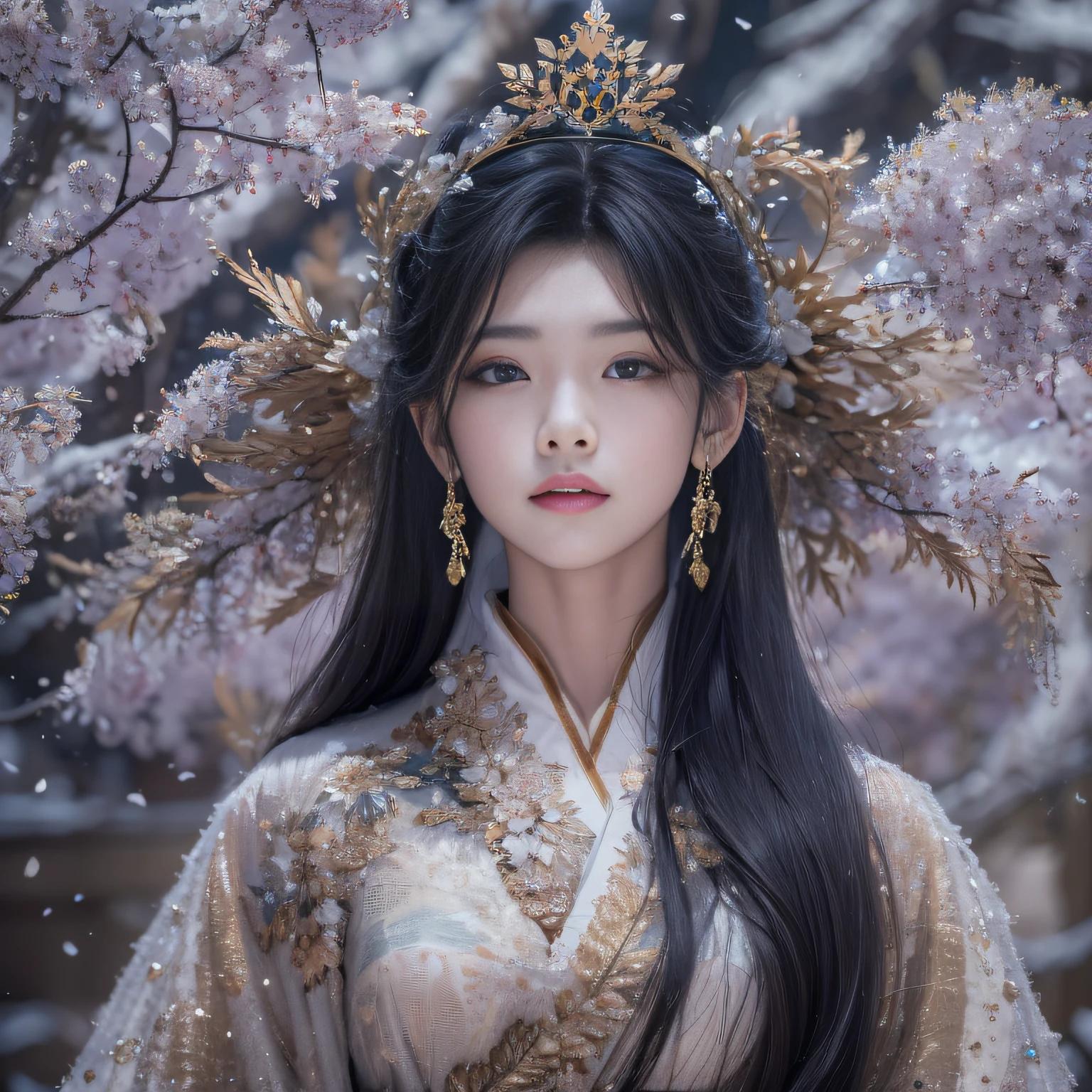 32K（tmasterpiece，k hd，hyper HD，32K）Long flowing black hair，ponds，Xuzhou girl ，Tower Protector （realisticlying：1.4），Python pattern robe，Purple-pink tiara，Snowflakes fluttering，The background is pure，Hold your head high，Be proud，The nostrils look at people， A high resolution， the detail， RAW photogr， Sharp Re， Nikon D850 Film Stock Photo by Jefferies Lee 4 Kodak Portra 400 Camera F1.6 shots, Rich colors, ultra-realistic vivid textures, Dramatic lighting, Unreal Engine Art Station Trend, cinestir 800，Hold your head high，Be proud，The nostrils look at people