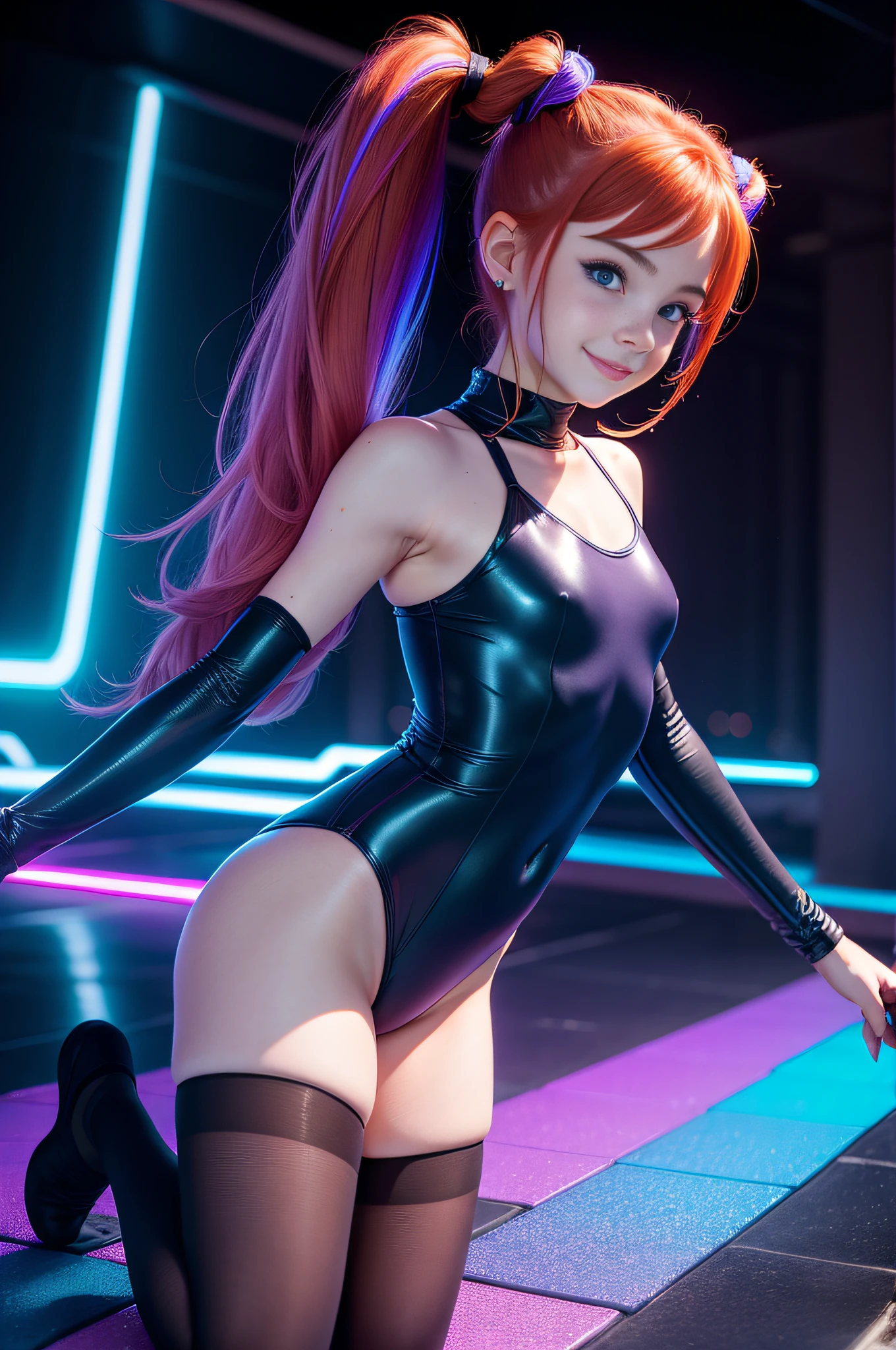 1 girl, solo, (cute -yeld read in twin tails), Ukrainian, multiple (luminous rainbow colored hair: 1.2), ((perfect body: 1.6)) (beautiful detailed eyes: 1.6), (photo realistic eyes: 1.6), (ice-blue, "Emma Stone" type, eyes: 1.6), happy and smiling, (petite gymnast body), ((gymnast body, beautiful full round breasts, small head, dainty hands: 1.6)), (shy cute pose), (gymnasts floor routine), (pale white skin), ((pastel purple cotton leotard: 1.6)), with (smooth pantyhose leotard: 1.6), wearing a ((sheer)) ((see through)) pastel blue (playboy bunny) outfit, frilly edges, frilly, shiny oily pantyhose, (dark, tron style background), high tech, (wide angle lens), colorful neon lighting, ((very dark sky)), futuristic city, photo realistic, hyper detailed.