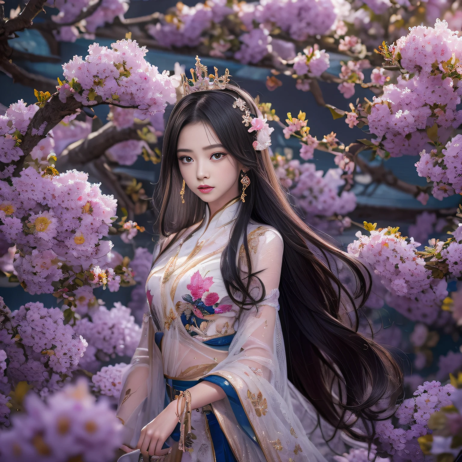 32K(tmasterpiece,k hd,hyper HD,32K)Long flowing black hair,ponds,Xuzhou girl ,Daisy protector (realisticlying:1.4),Python pattern robe,Purple-pink tiara,Pear blossoms flutter,The canyon background is pure,Hold your head high,Be proud,The nostrils look at people, A high resolution, the detail, RAW photogr, Sharp Re, Nikon D850 Film Stock Photo by Jefferies Lee 4 Kodak Portra 400 Camera F1.6 shots, Rich colors, ultra-realistic vivid textures, Dramatic lighting, Unreal Engine Art Station Trend, cinestir 800,Hold your head high,Be proud,The nostrils look at people
