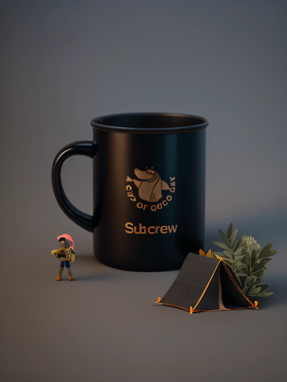 camping，solid color backdrop，Black cup，Three-dimensional feeling