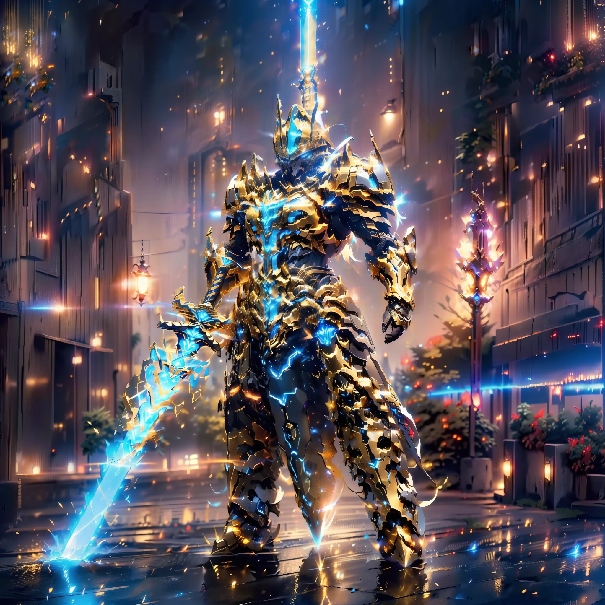 ultra wide shot, full body shot, (masterpiece, best quality), ((A paladin holding a light infused sword, light magic, divine, magewave, silver and gold)) , 4k, dark cityscape, Fujifilm, Beautiful detail background, Ultra detailed, Great composition, movie lights, Depth of field, photorealistic
