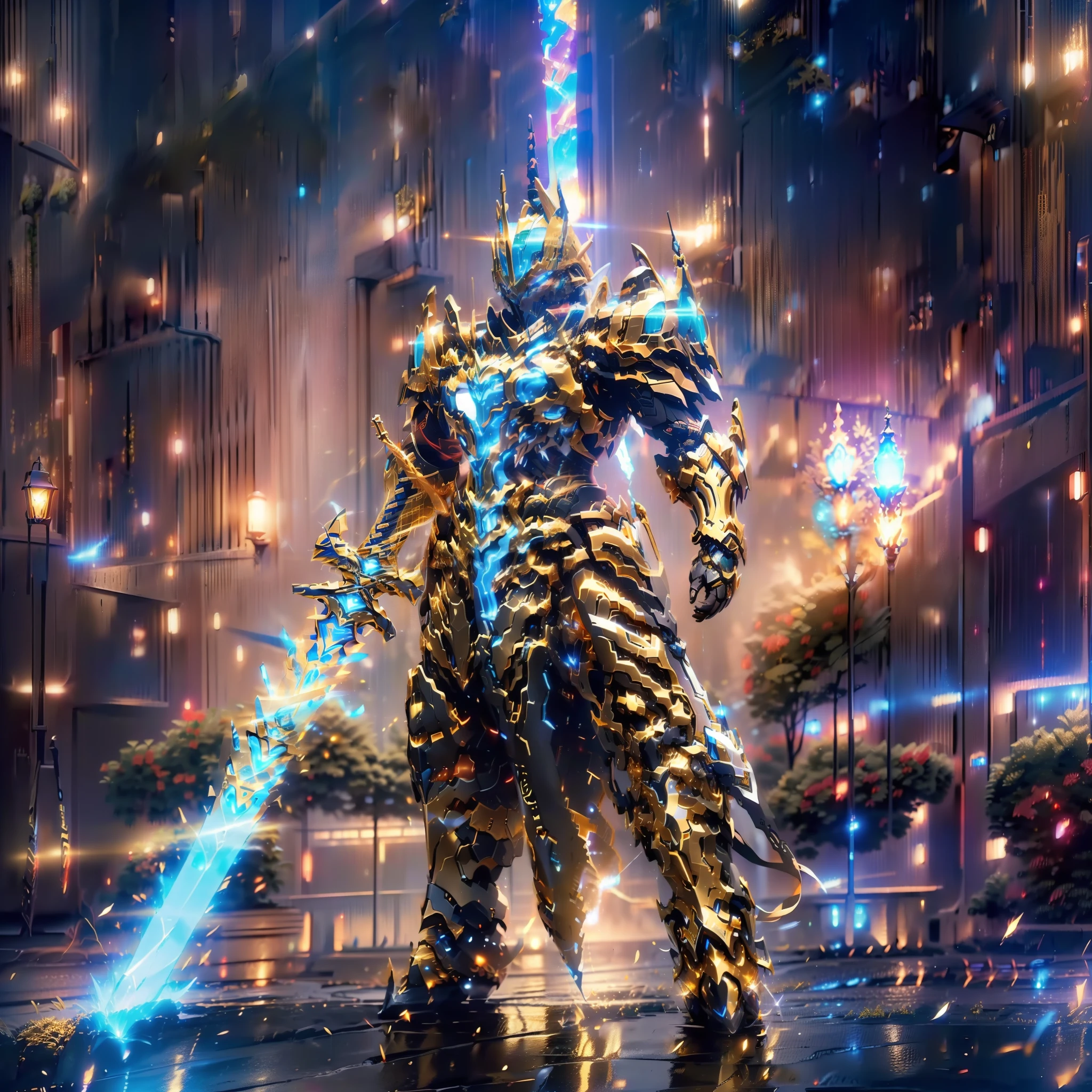 ultra wide shot, full body shot, (masterpiece, best quality), ((A paladin holding a light infused sword, light magic, divine, magewave, silver and gold)) , 4k, dark cityscape, Fujifilm, Beautiful detail background, Ultra detailed, Great composition, movie lights, Depth of field, photorealistic