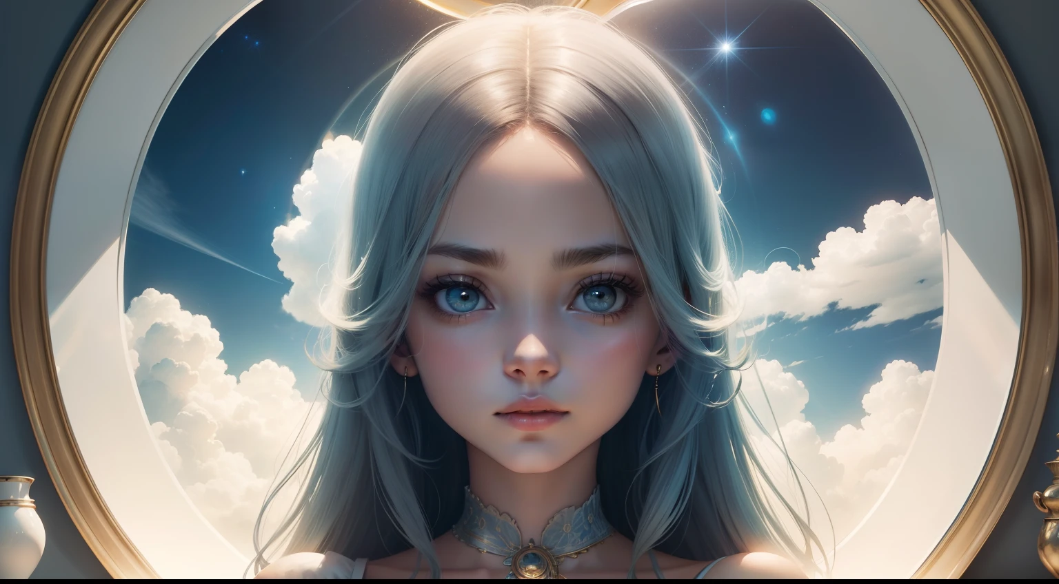 Round Mirror, made of clouds, celestial background, mirror reflects Great Central Sun and a figure of a beautiful hybrid girl, with a very unusual quirky features, like an extraterrestrial being, in the center of the reflection.