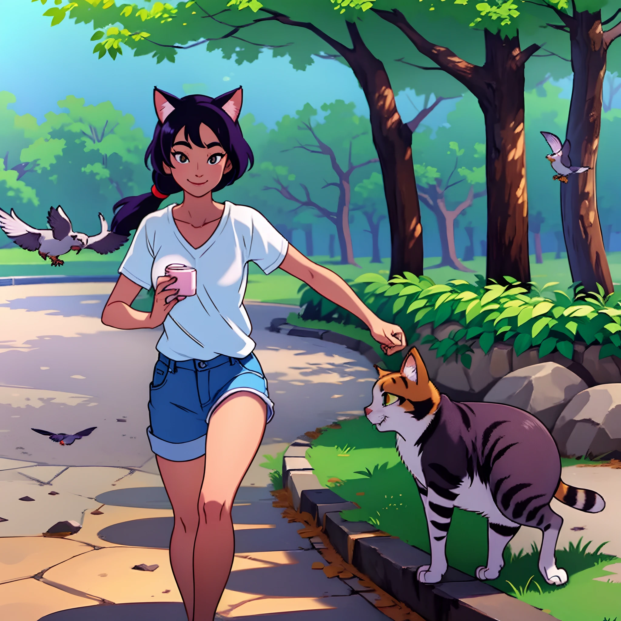 vibrant hair, cat ears, photogenic smile, v neck shirt, chasing pigeons in the park
