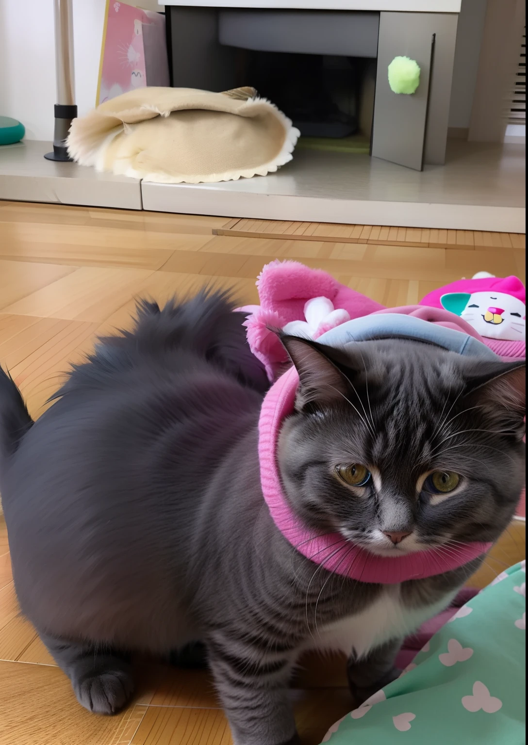 There is a cat wearing a pink hat on the floor, smol fluffy cat wearing smol hat, Cat ears on head, fat chibi grey cat, furry neck, it's wearing a cute little hat, cat with a hat, It has a cute face, cute furry needs your help, cat ears and cat tail!, Cat ears, Cat ears and tail, A cute cat Pixar, Anime style, Ghibli-like colors