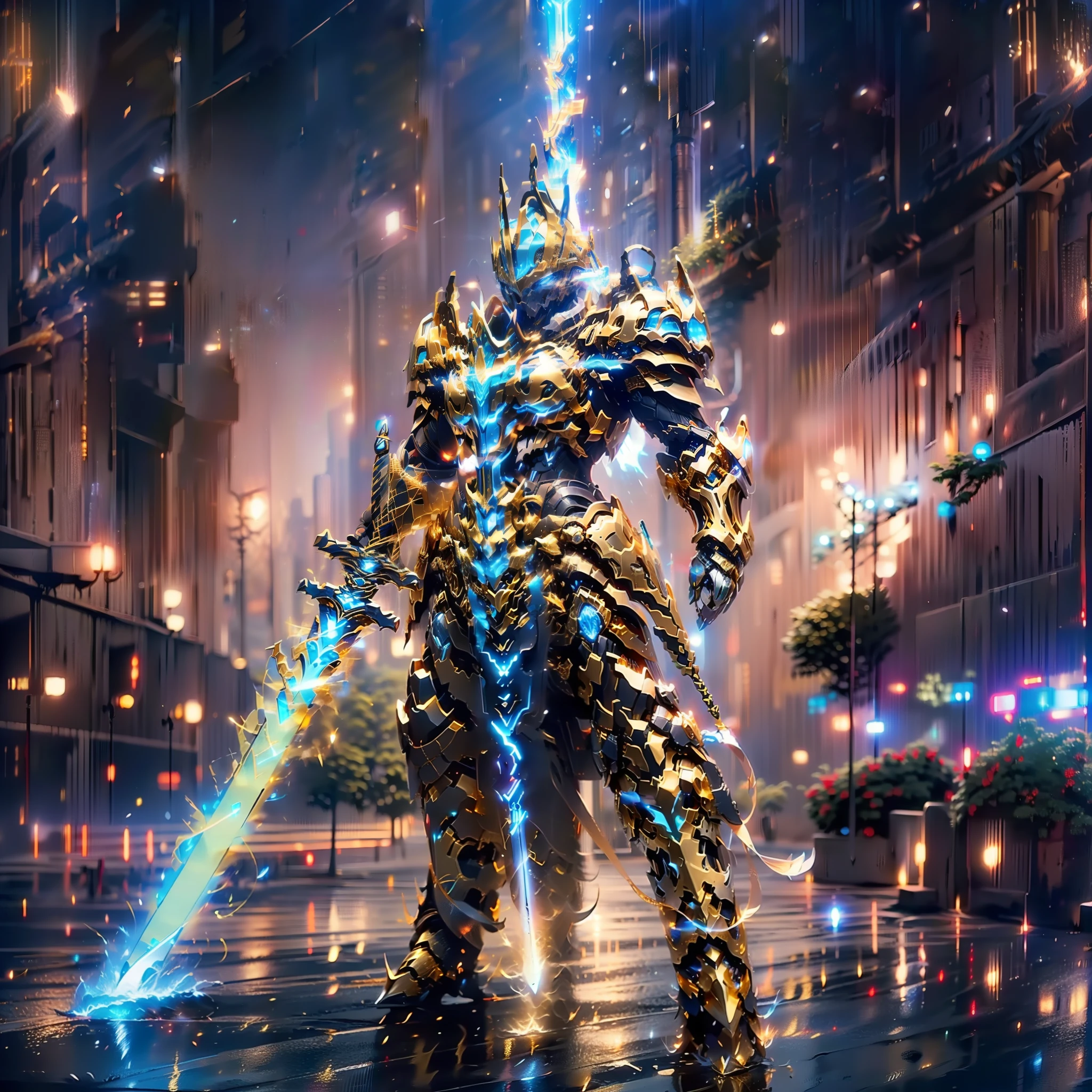 ultra wide shot, full body shot, (masterpiece, best quality), ((A paladin holding a light infused sword, light magic, divine, magewave, silver and gold)) , 4k, dark cityscape, Fujifilm, Beautiful detail background, Ultra detailed, Great composition, lights, Depth of field, photorealistic