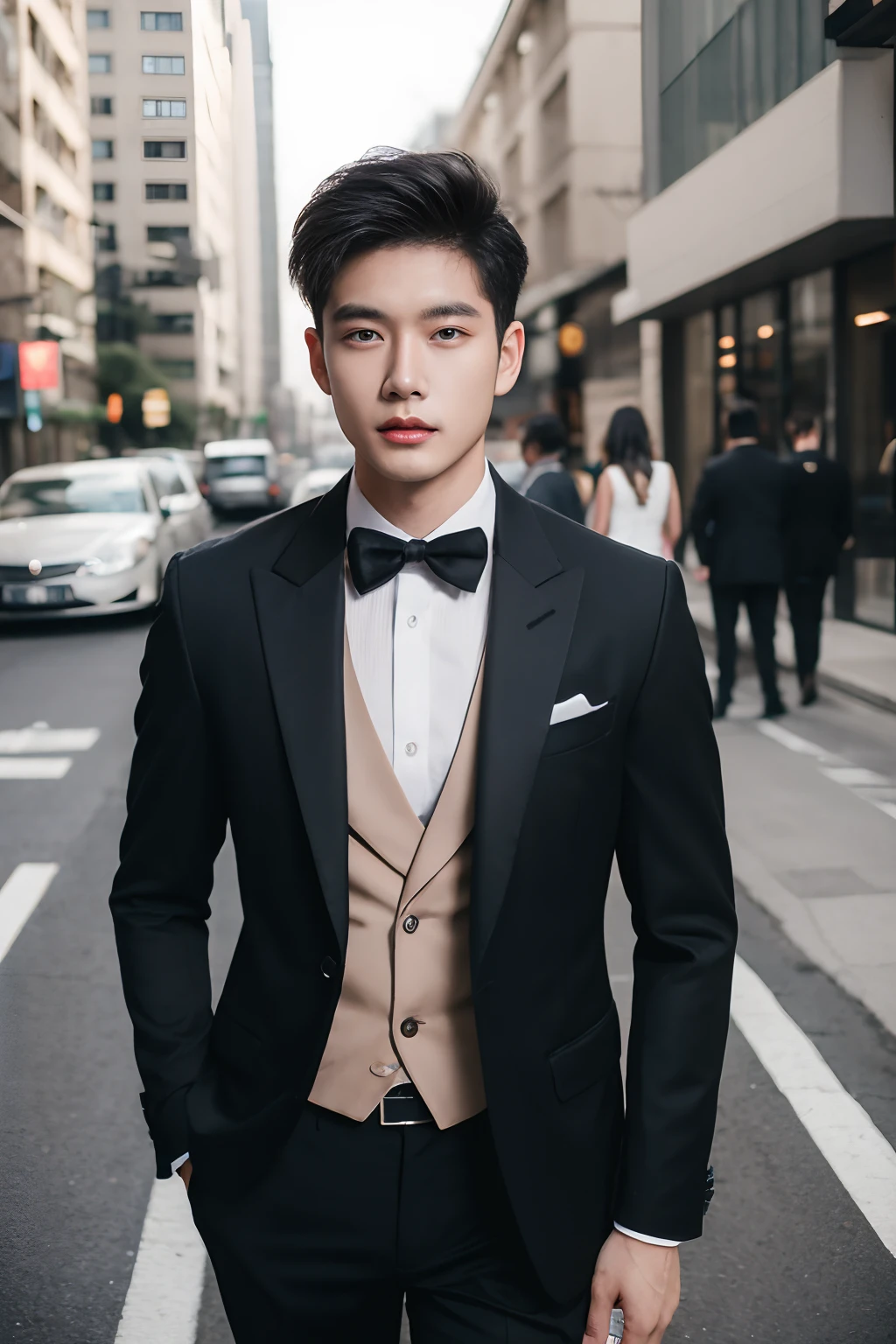 Asian male model on the street,The wedding car is super cool,best qualtiy,Slr,Business suit