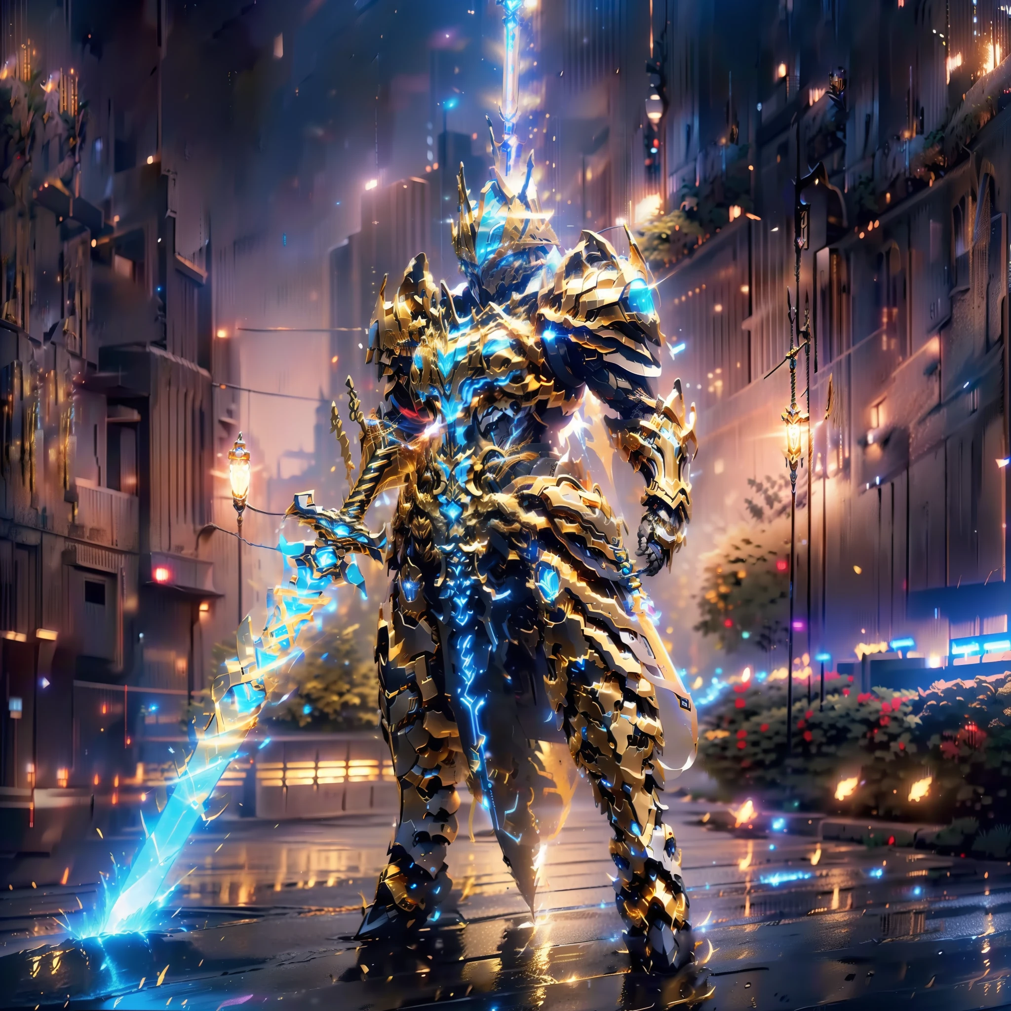 ultra wide shot, full body shot, (masterpiece, best quality), ((A paladin holding a light infused sword, light magic, divine, magewave, silver and gold)) , 4k, dark cityscape, Fujifilm, Beautiful detail background, Ultra detailed, Great composition, movie lights, Depth of field, photorealistic