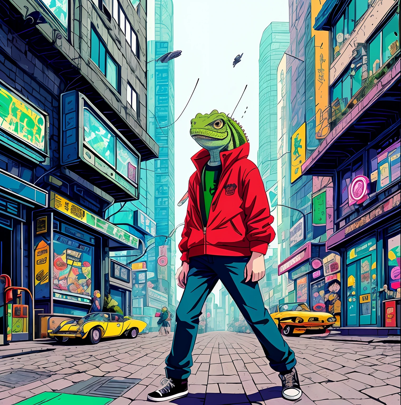 Photo of a reptile lizard in a cartoon style of the 60s in underground streetwear, Hannah Barbara style, Studio Ghibli, Akira Toriyama, by james gilleard, Warner Bros......, Trending Pixiv Fanbox, acrylic palette knife, 8K, bright colours, devinart, Trending on ArtStation, low detailed, Smooth
