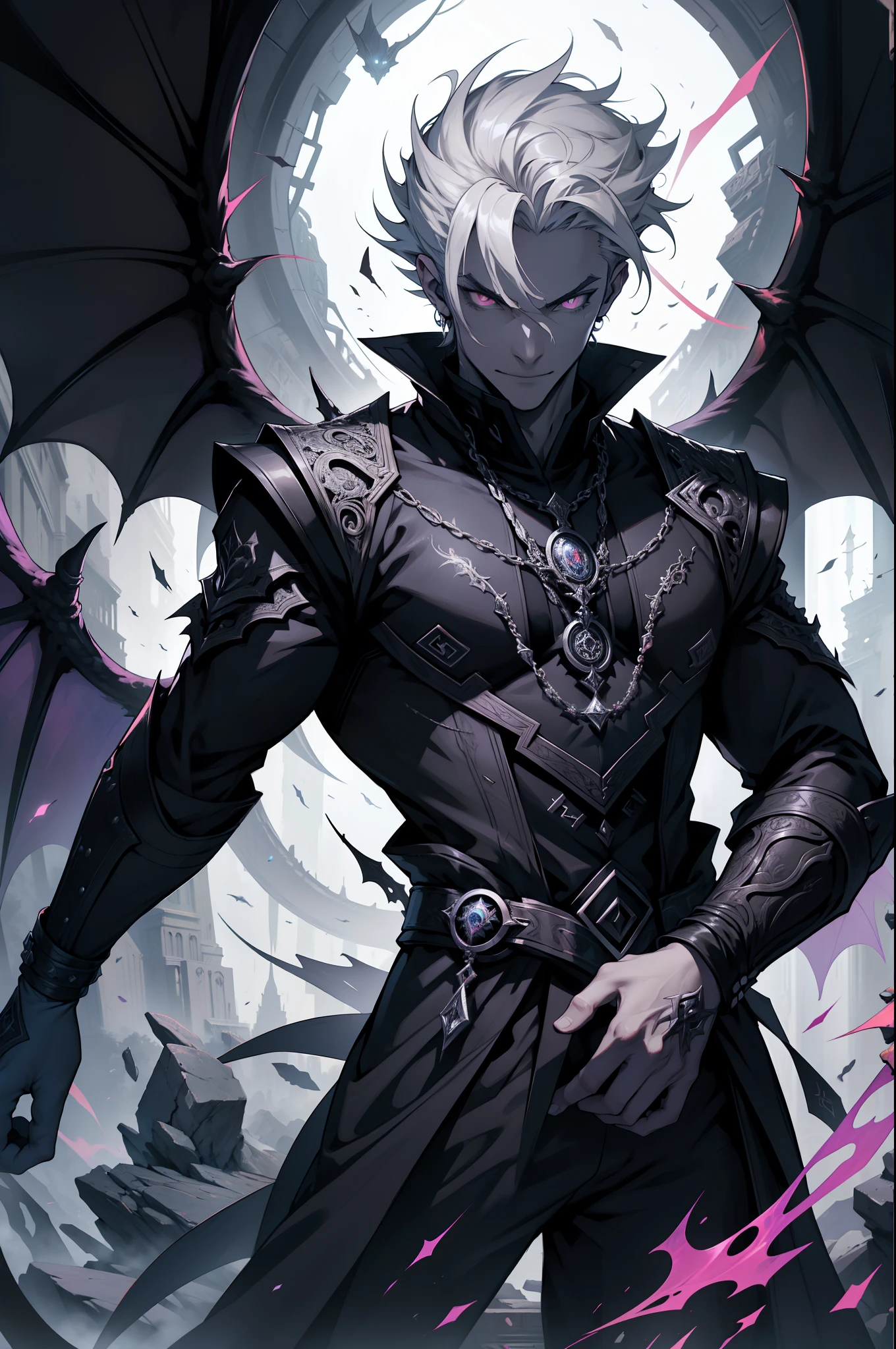 1 Handsome Dragon Man,Rainbow pupils,Thick eyebrows,half black hair, Half head of gray hair,ultra - detailed,(s fractal art:1.4), rich colourful, detailed back ground,(Fractals in the background:1.2),Chaos and order,Black and white,Light and darkness,angel and demon,the fallen angel,Black wings,Vampires, hight contrast, Ray traching, cinmatic lighting, (Start from the front:0.6)