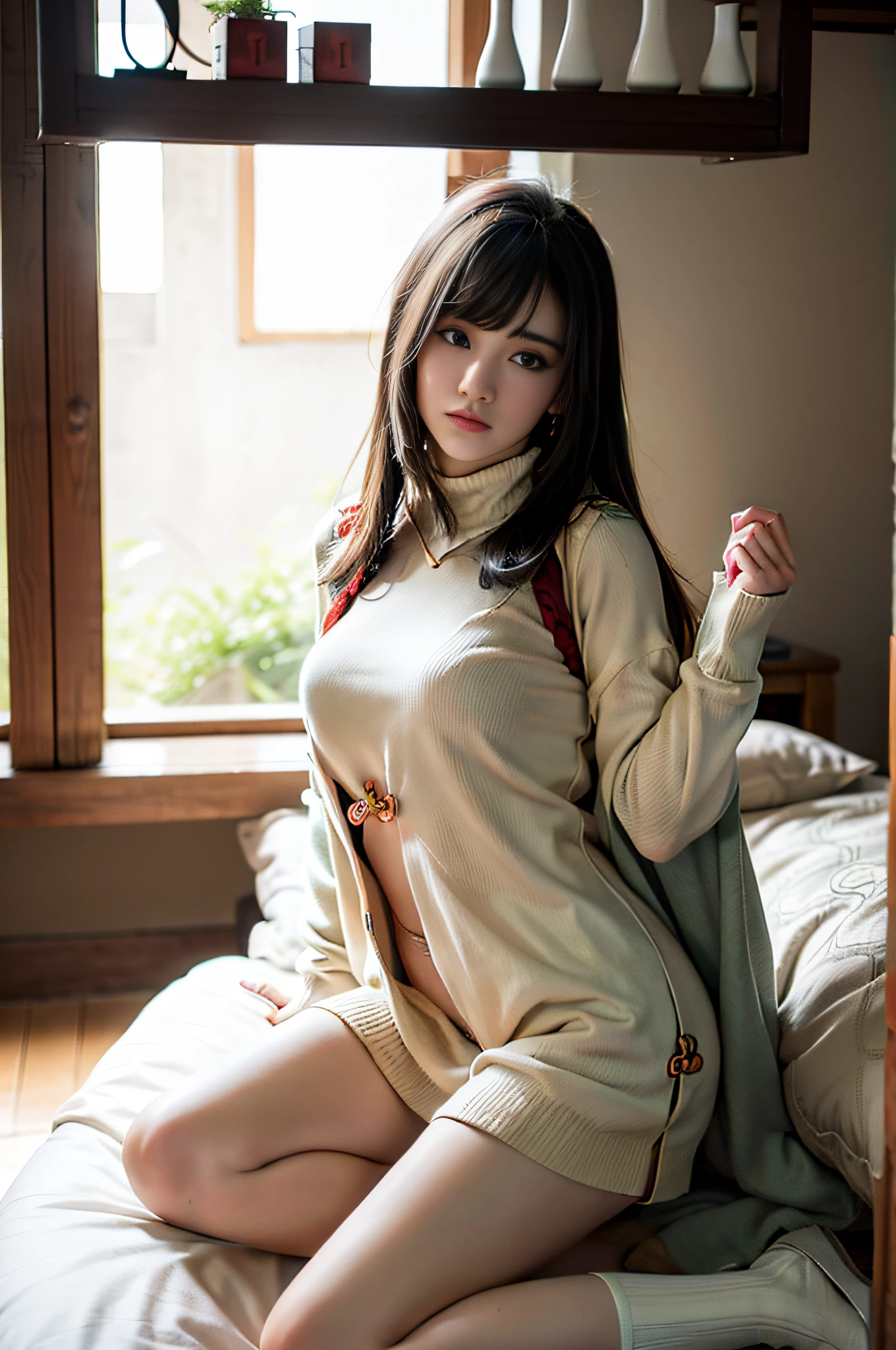 Masterpiece,Best quality,offcial art,Extremely detailed Cg Unity 8K wallpaper,1girll, 超高分辨率, (Photorealistic:1.4), 1girll, perfect hand,delicated,Chest moles,Bare legs,Sweaters,long sweater,Tight sweater,Wrap over a hip sweater,cleavage,Bright,grassy fields