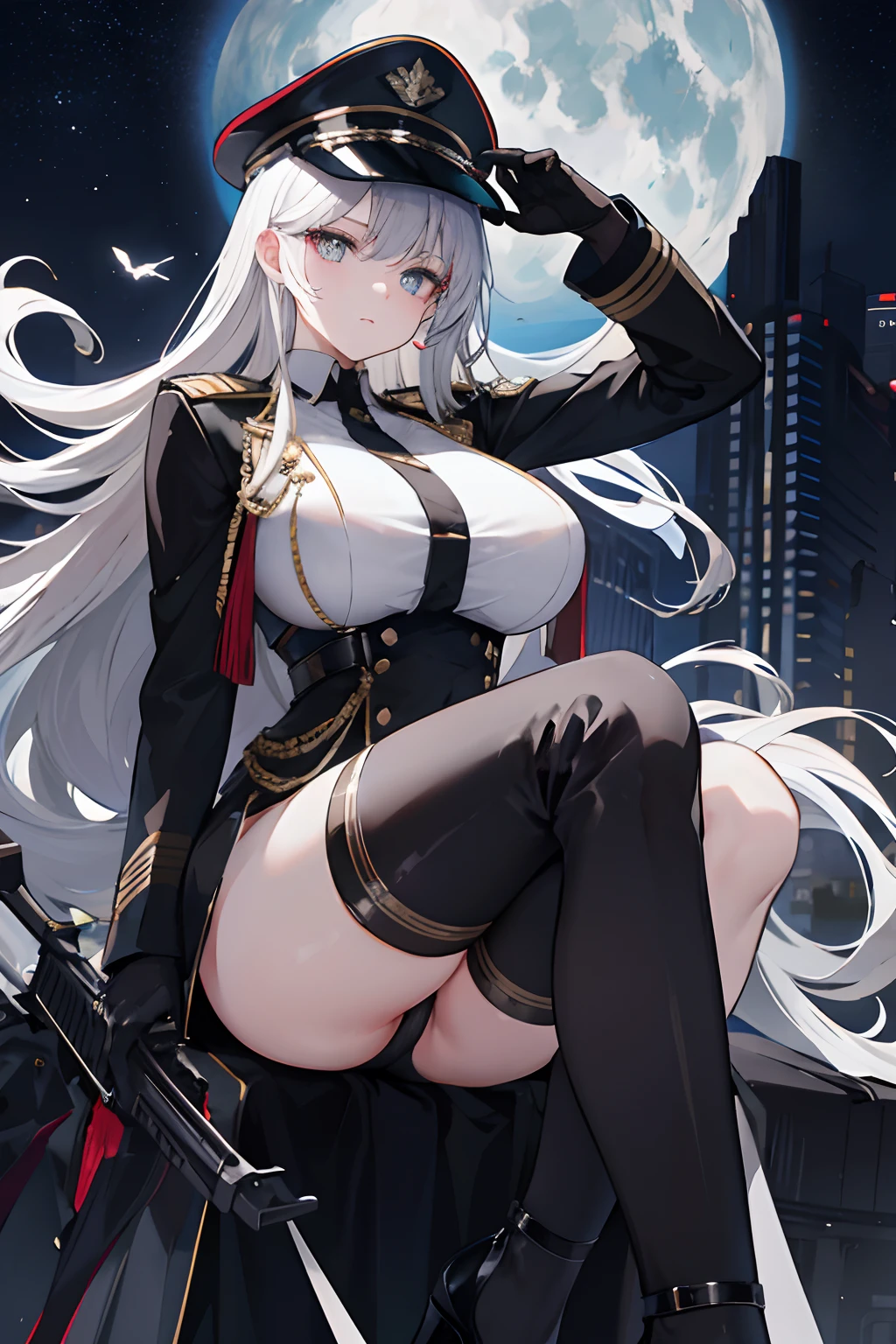 1 women, night city, black military dress, high heel, weapon on the back, white long hair, (big tits), cool face, beautiful, military hat,