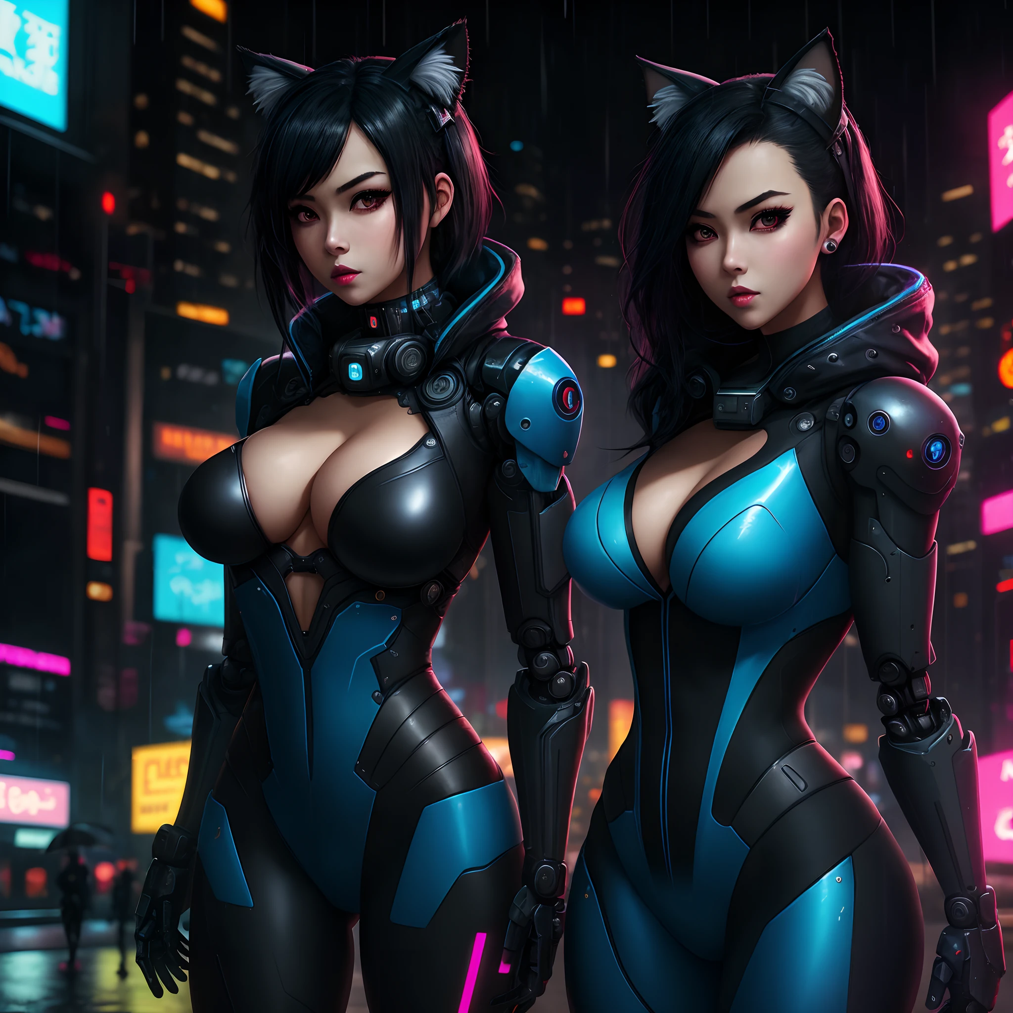 1girl, black hair, military, robot, animal ears, large assault rifle, neon colors, colorful, kitana, noir, mystery, thick waist medium breast, muscular, tomboy, cyberpunk, nekomata, warrior, sexy outfit, looking at viewer, anime, realistic, rainy night city